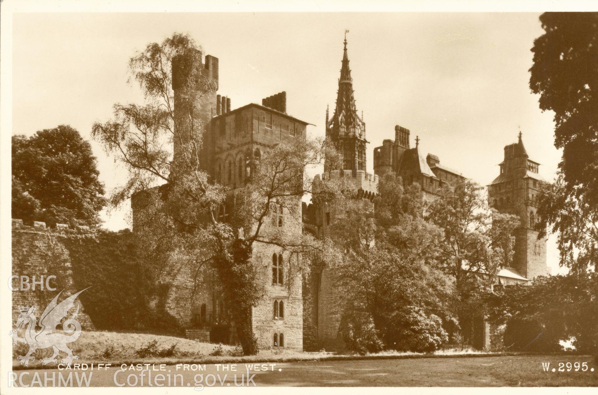Digitised postcard image of Cardiff Castle from the west, Valentine's Series. Produced by Parks and Gardens Data Services, from an original item in the Peter Davis Collection at Parks and Gardens UK. We hold only web-resolution images of this collection, suitable for viewing on screen and for research purposes only. We do not hold the original images, or publication quality scans.
