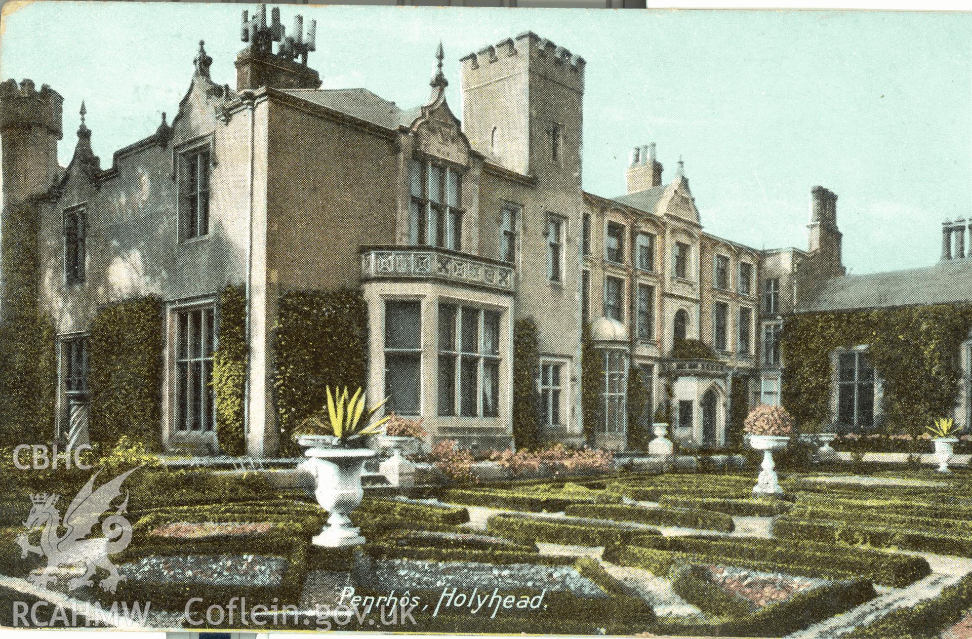 Digitised postcard image of Penrhos, Holyhead, Williams, Boston House, Holyhead. Produced by Parks and Gardens Data Services, from an original item in the Peter Davis Collection at Parks and Gardens UK. We hold only web-resolution images of this collection, suitable for viewing on screen and for research purposes only. We do not hold the original images, or publication quality scans.