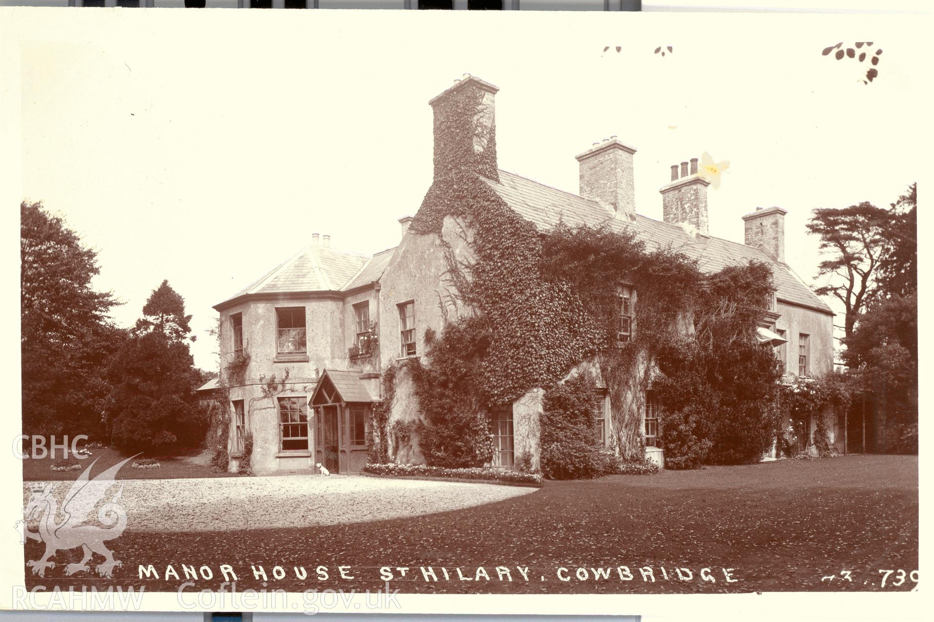 Digitised postcard image of the Manor House, St Hilary, E. Miles, Ewenny Road Studio, Bridgend. Produced by Parks and Gardens Data Services, from an original item in the Peter Davis Collection at Parks and Gardens UK. We hold only web-resolution images of this collection, suitable for viewing on screen and for research purposes only. We do not hold the original images, or publication quality scans.