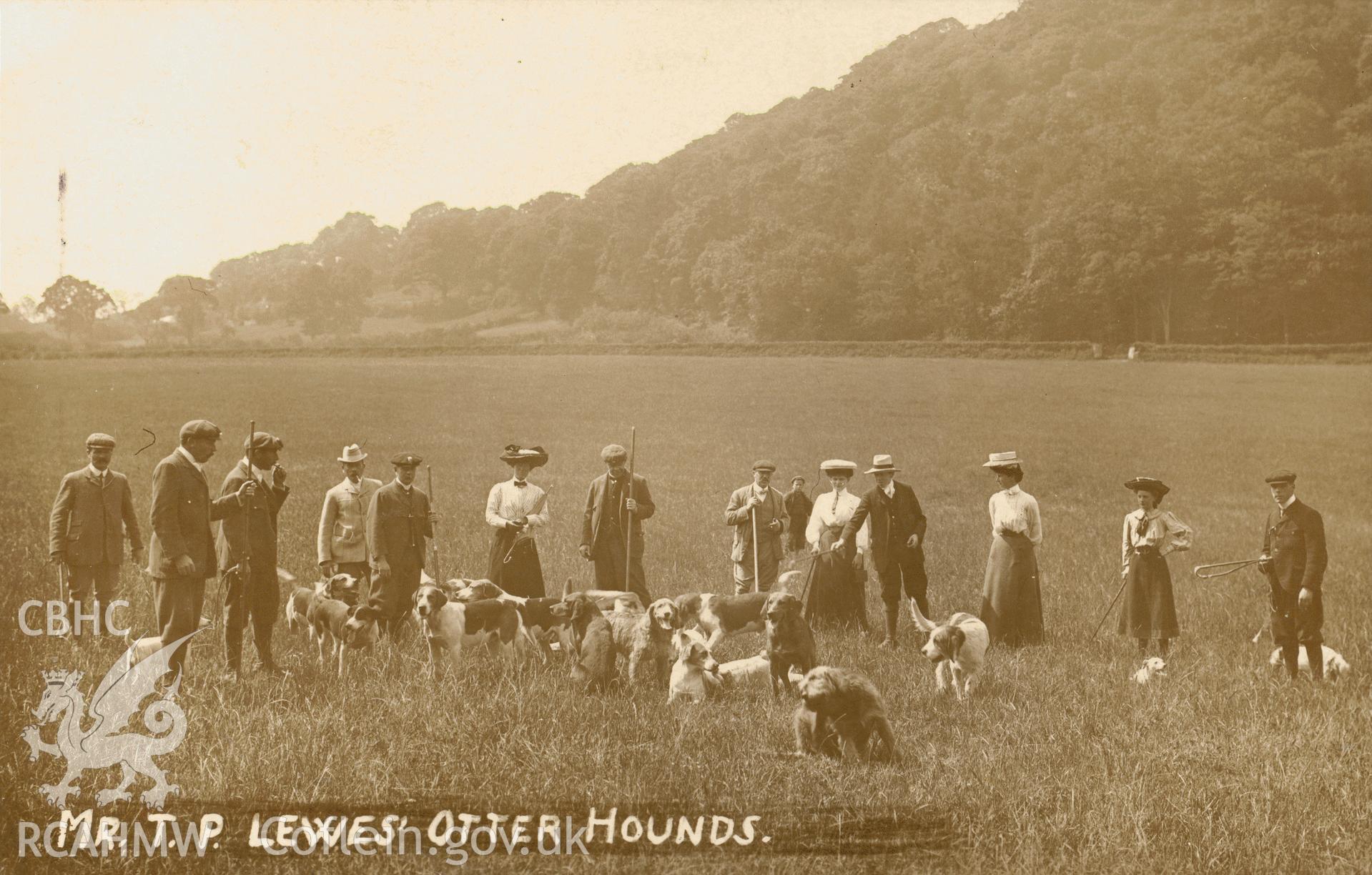 Digitised postcard image of otter hounds at Llanerchaeron. Produced by Parks and Gardens Data Services, from an original item in the Peter Davis Collection at Parks and Gardens UK. We hold only web-resolution images of this collection, suitable for viewing on screen and for research purposes only. We do not hold the original images, or publication quality scans.