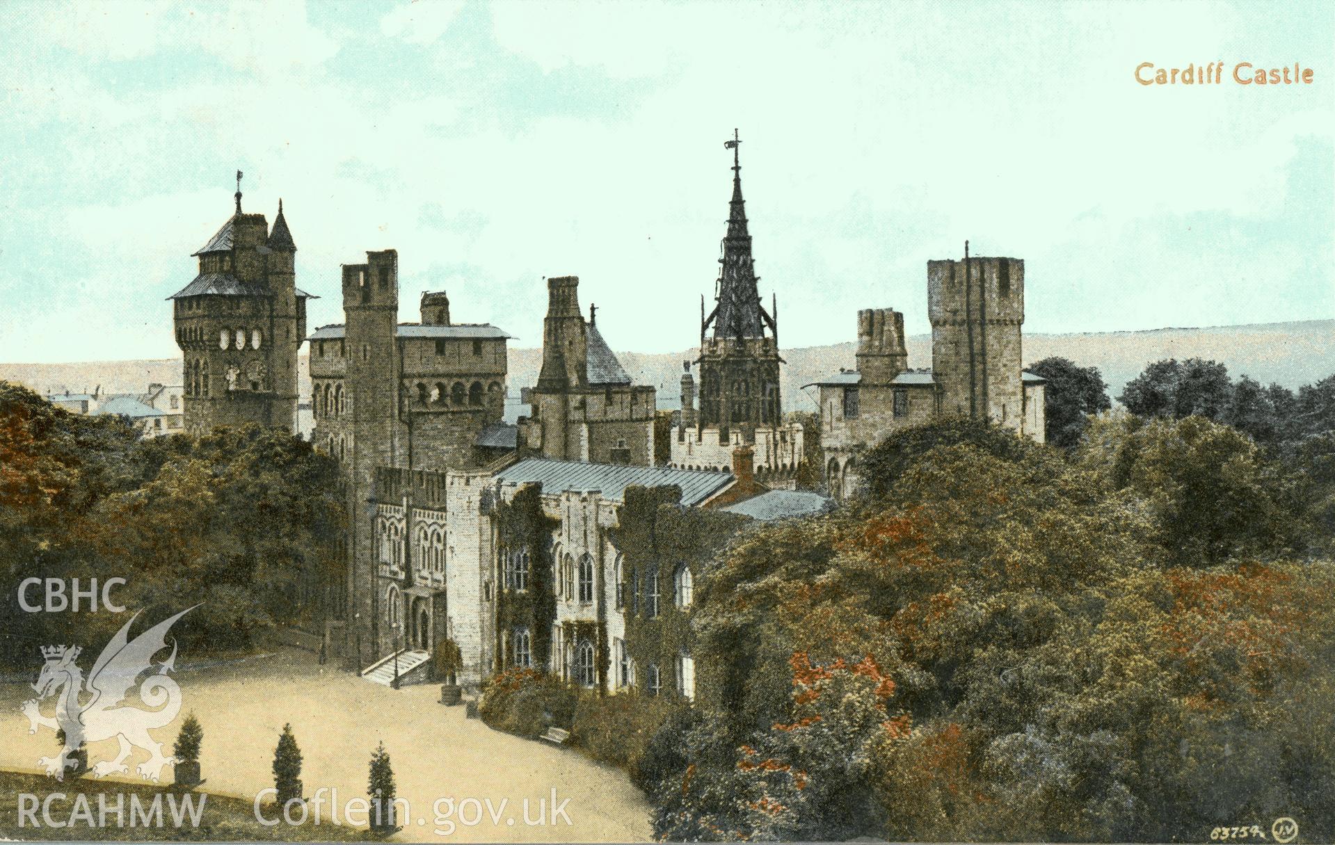 Digitised postcard image of Cardiff Castle. Produced by Parks and Gardens Data Services, from an original item in the Peter Davis Collection at Parks and Gardens UK. We hold only web-resolution images of this collection, suitable for viewing on screen and for research purposes only. We do not hold the original images, or publication quality scans.