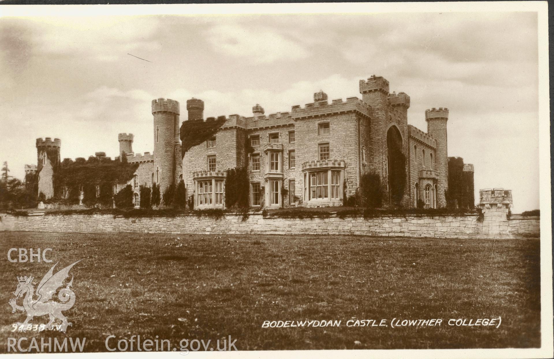 Digitised postcard image of Bodelwyddan Castle / Lowther College, Valentine's Series. Produced by Parks and Gardens Data Services, from an original item in the Peter Davis Collection at Parks and Gardens UK. We hold only web-resolution images of this collection, suitable for viewing on screen and for research purposes only. We do not hold the original images, or publication quality scans.