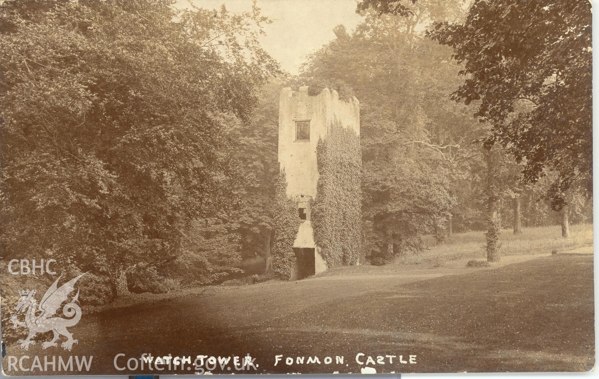 Digitised postcard image of Fonmon Castle, Rhoose showing watchtower and grounds. Produced by Parks and Gardens Data Services, from an original item in the Peter Davis Collection at Parks and Gardens UK. We hold only web-resolution images of this collection, suitable for viewing on screen and for research purposes only. We do not hold the original images, or publication quality scans.