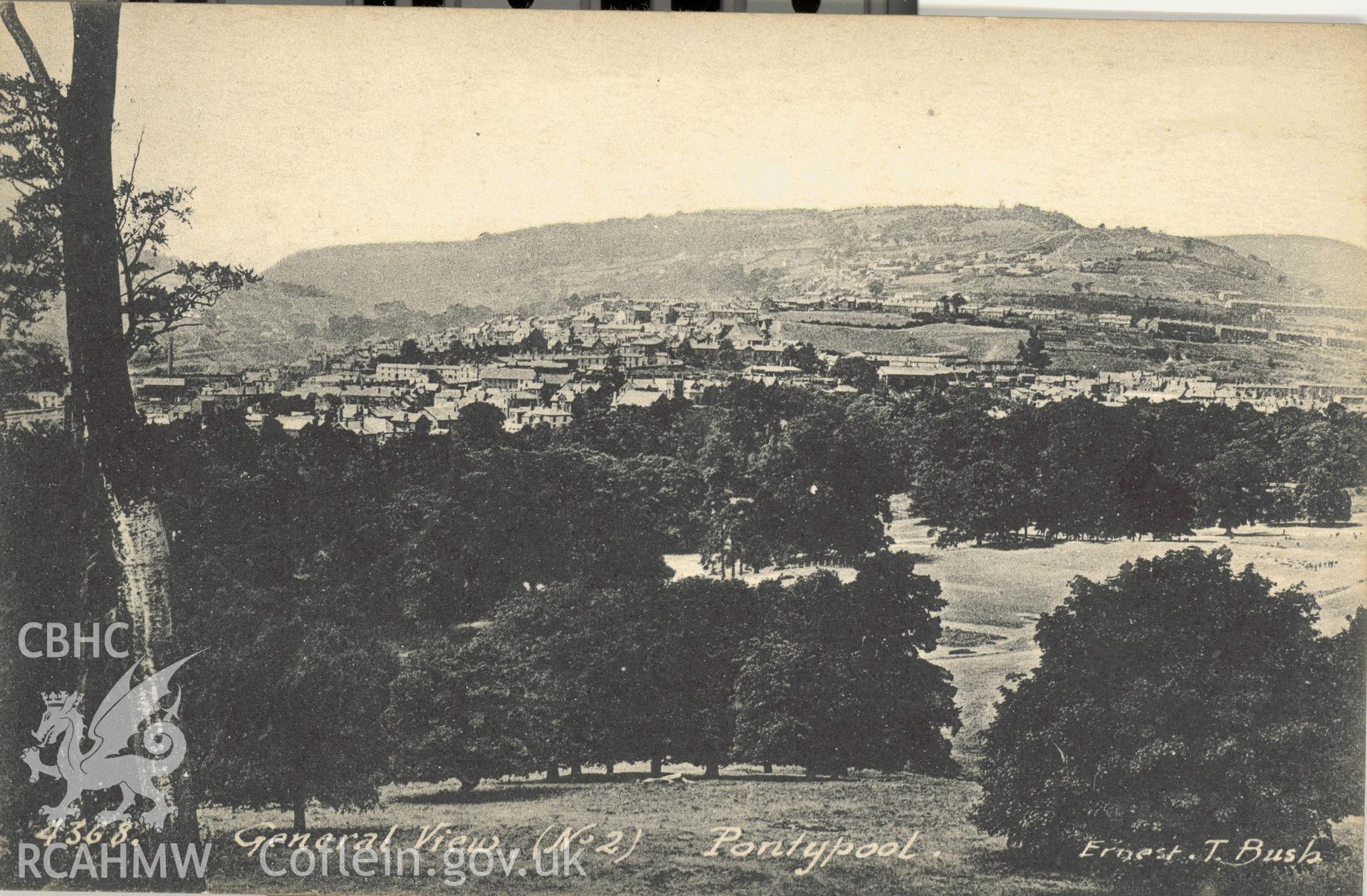 Digitised postcard image of Pontypool town from the park, Ernest T Bush. Produced by Parks and Gardens Data Services, from an original item in the Peter Davis Collection at Parks and Gardens UK. We hold only web-resolution images of this collection, suitable for viewing on screen and for research purposes only. We do not hold the original images, or publication quality scans.