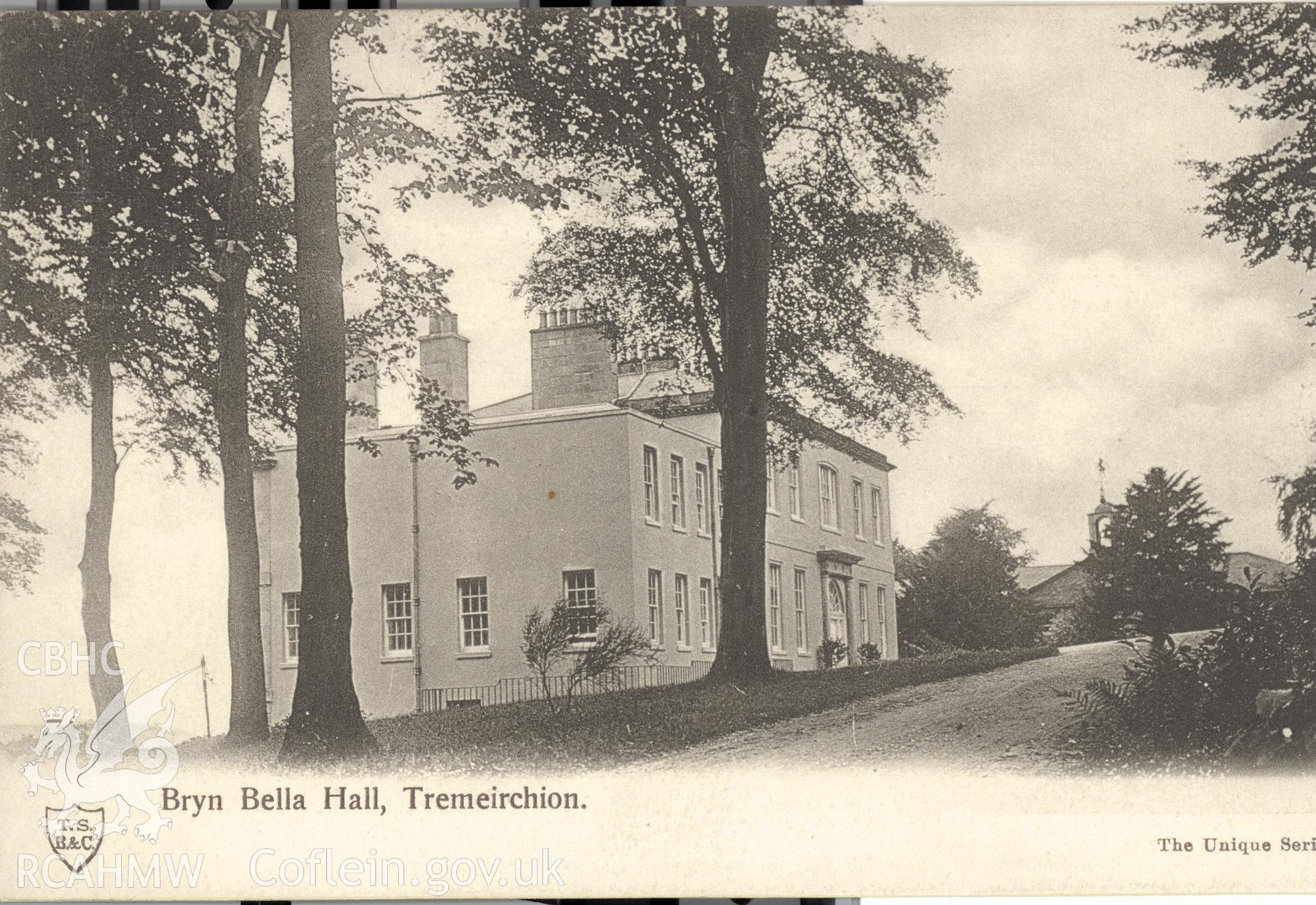 Digitised postcard image of east front, Brynbella, T.S.B.& C. The Unique series. Produced by Parks and Gardens Data Services, from an original item in the Peter Davis Collection at Parks and Gardens UK. We hold only web-resolution images of this collection, suitable for viewing on screen and for research purposes only. We do not hold the original images, or publication quality scans.