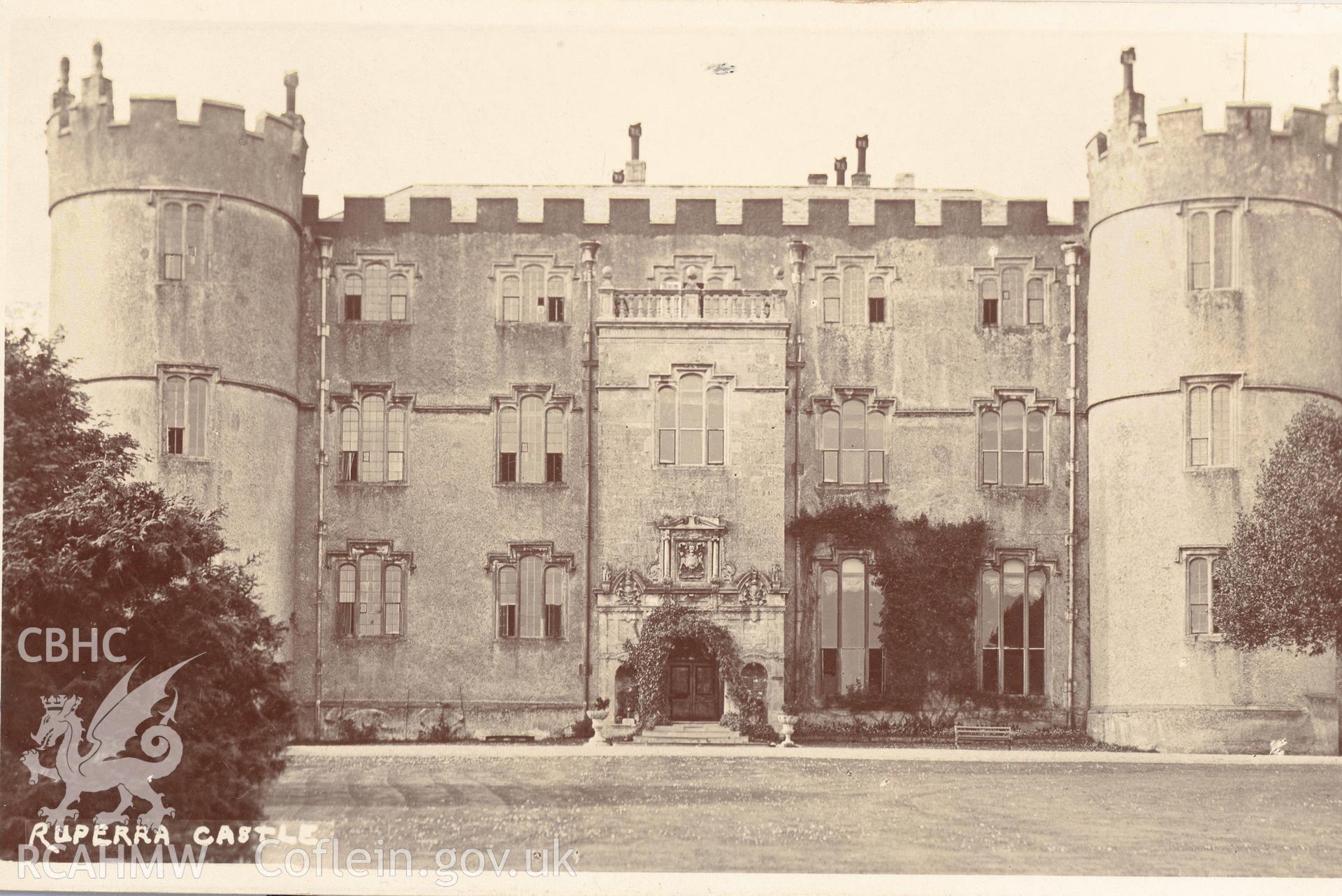 Digitised postcard image of Ruperra Castle, Draethen, Lilywhite Ltd. Produced by Parks and Gardens Data Services, from an original item in the Peter Davis Collection at Parks and Gardens UK. We hold only web-resolution images of this collection, suitable for viewing on screen and for research purposes only. We do not hold the original images, or publication quality scans.