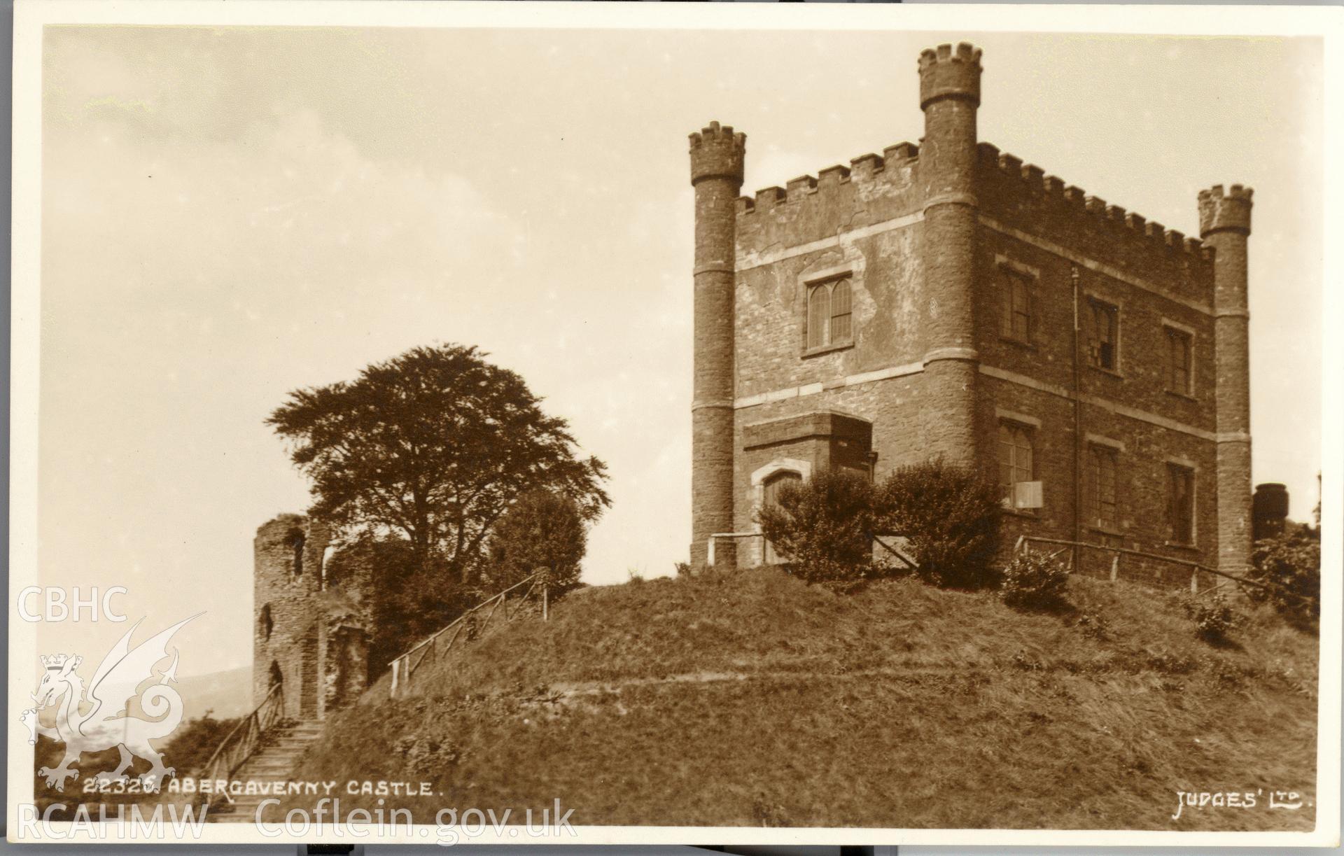 Digitised postcard image of Abergavenny Castle, Judges Ltd. Produced by Parks and Gardens Data Services, from an original item in the Peter Davis Collection at Parks and Gardens UK. We hold only web-resolution images of this collection, suitable for viewing on screen and for research purposes only. We do not hold the original images, or publication quality scans.