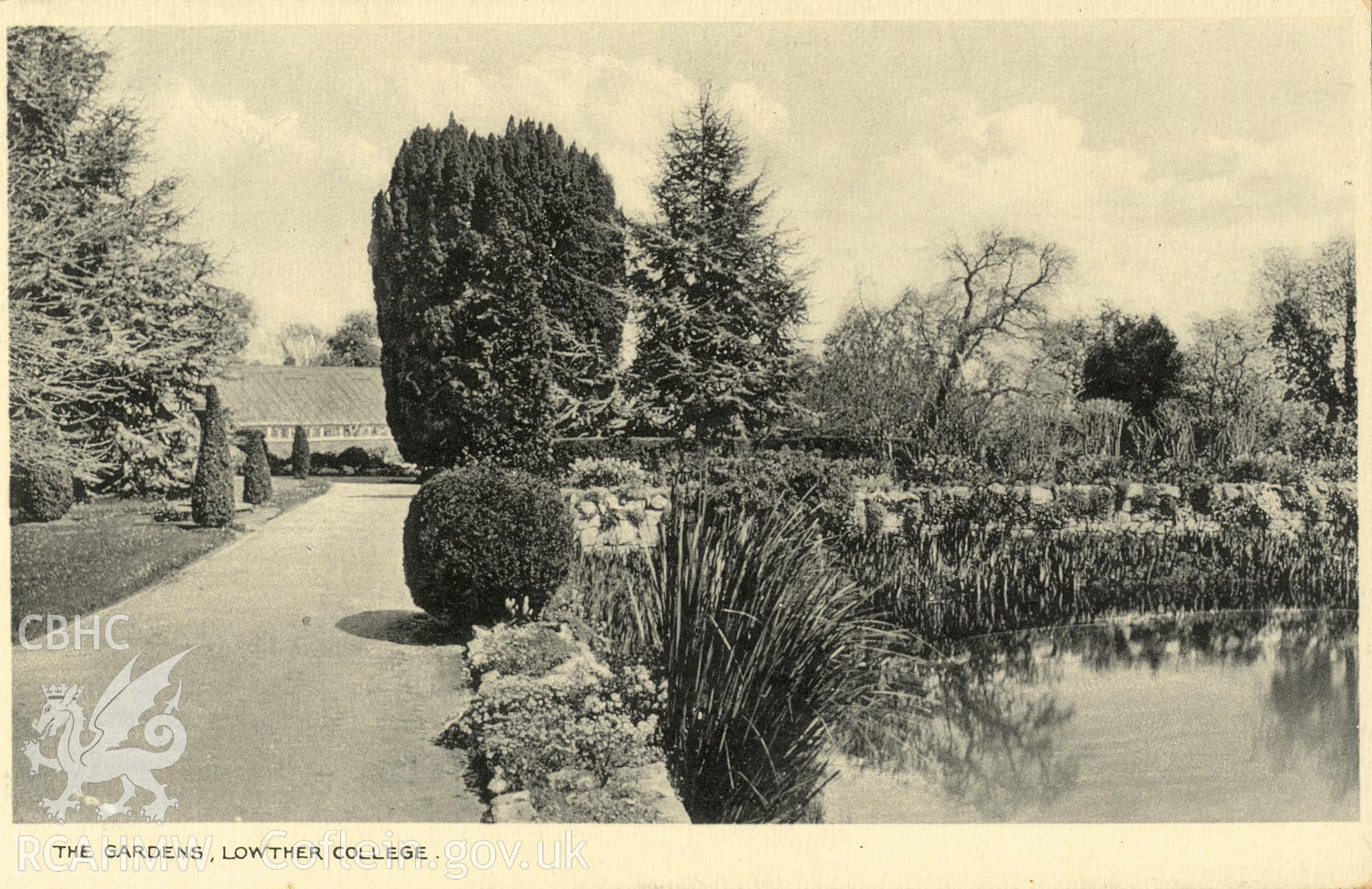Digitised postcard image of Bodelwyddan Castle / Lowther College Garden. Produced by Parks and Gardens Data Services, from an original item in the Peter Davis Collection at Parks and Gardens UK. We hold only web-resolution images of this collection, suitable for viewing on screen and for research purposes only. We do not hold the original images, or publication quality scans.