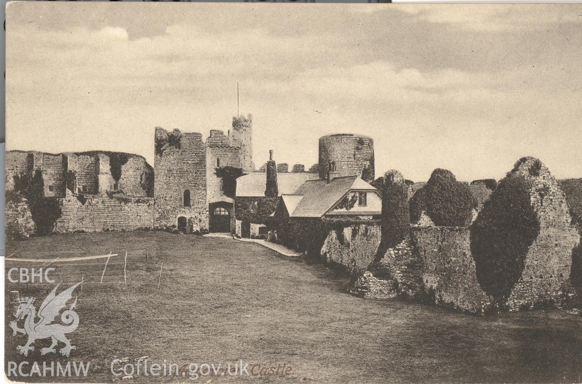 Digitised postcard image of Manorbier Castle, F.Frith and Co.Ltd., Reigate. Produced by Parks and Gardens Data Services, from an original item in the Peter Davis Collection at Parks and Gardens UK. We hold only web-resolution images of this collection, suitable for viewing on screen and for research purposes only. We do not hold the original images, or publication quality scans.
