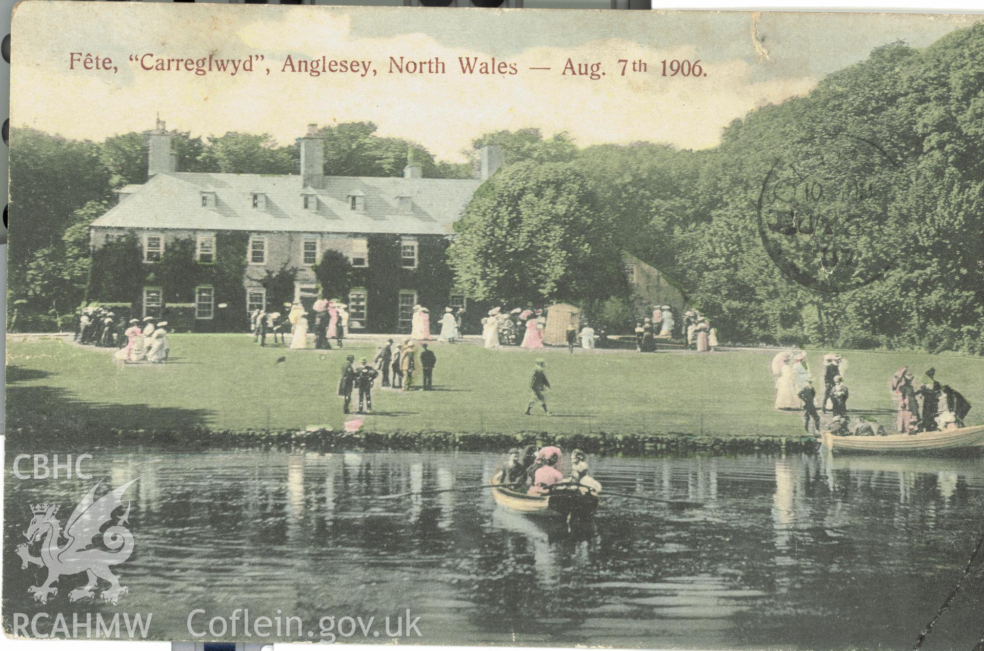 Digitised postcard image of fete at Carreglwyd, Llanfaethlu, M & M Jones, Anglesia. Produced by Parks and Gardens Data Services, from an original item in the Peter Davis Collection at Parks and Gardens UK. We hold only web-resolution images of this collection, suitable for viewing on screen and for research purposes only. We do not hold the original images, or publication quality scans.