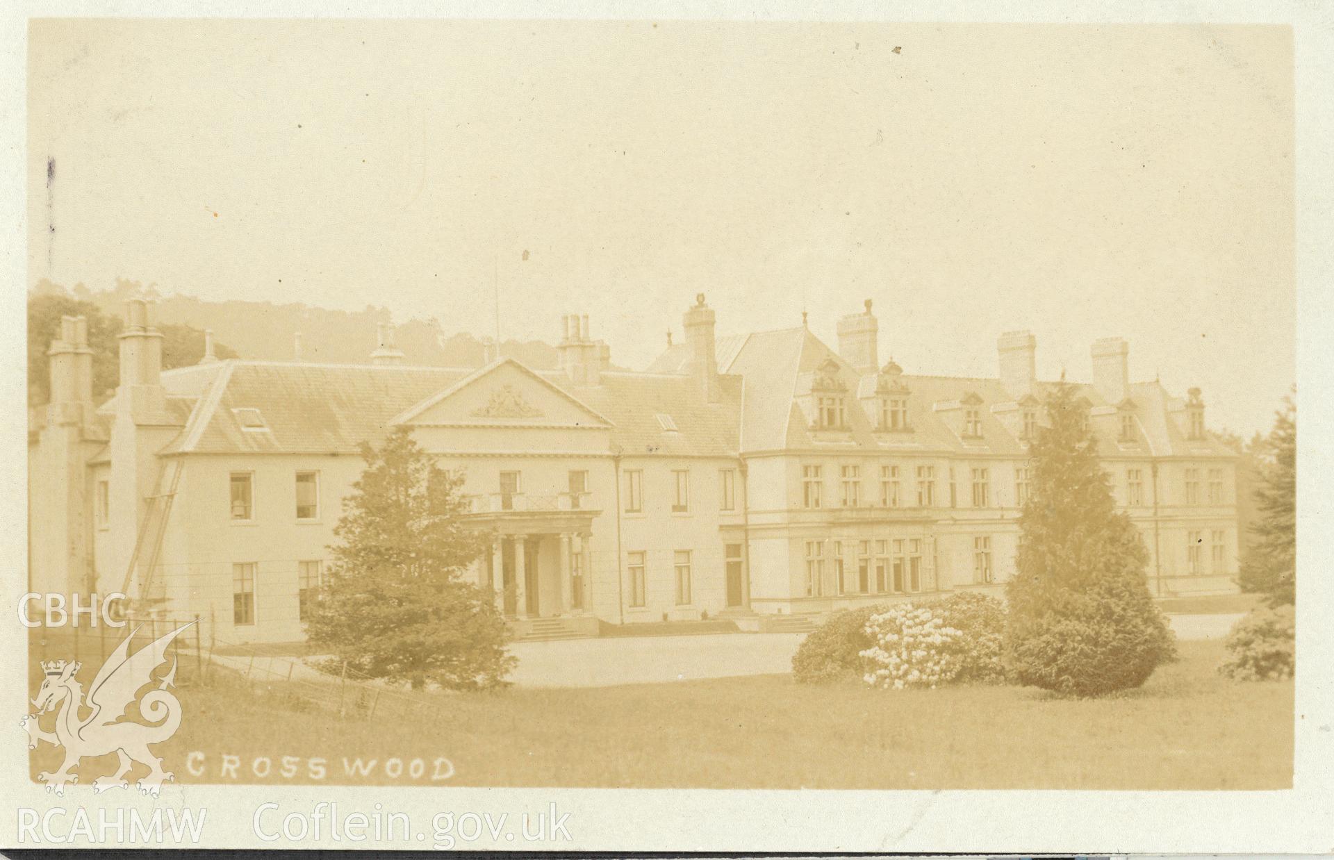 Digitised postcard image of Trawscoed Mansion. Produced by Parks and Gardens Data Services, from an original item in the Peter Davis Collection at Parks and Gardens UK. We hold only web-resolution images of this collection, suitable for viewing on screen and for research purposes only. We do not hold the original images, or publication quality scans.
