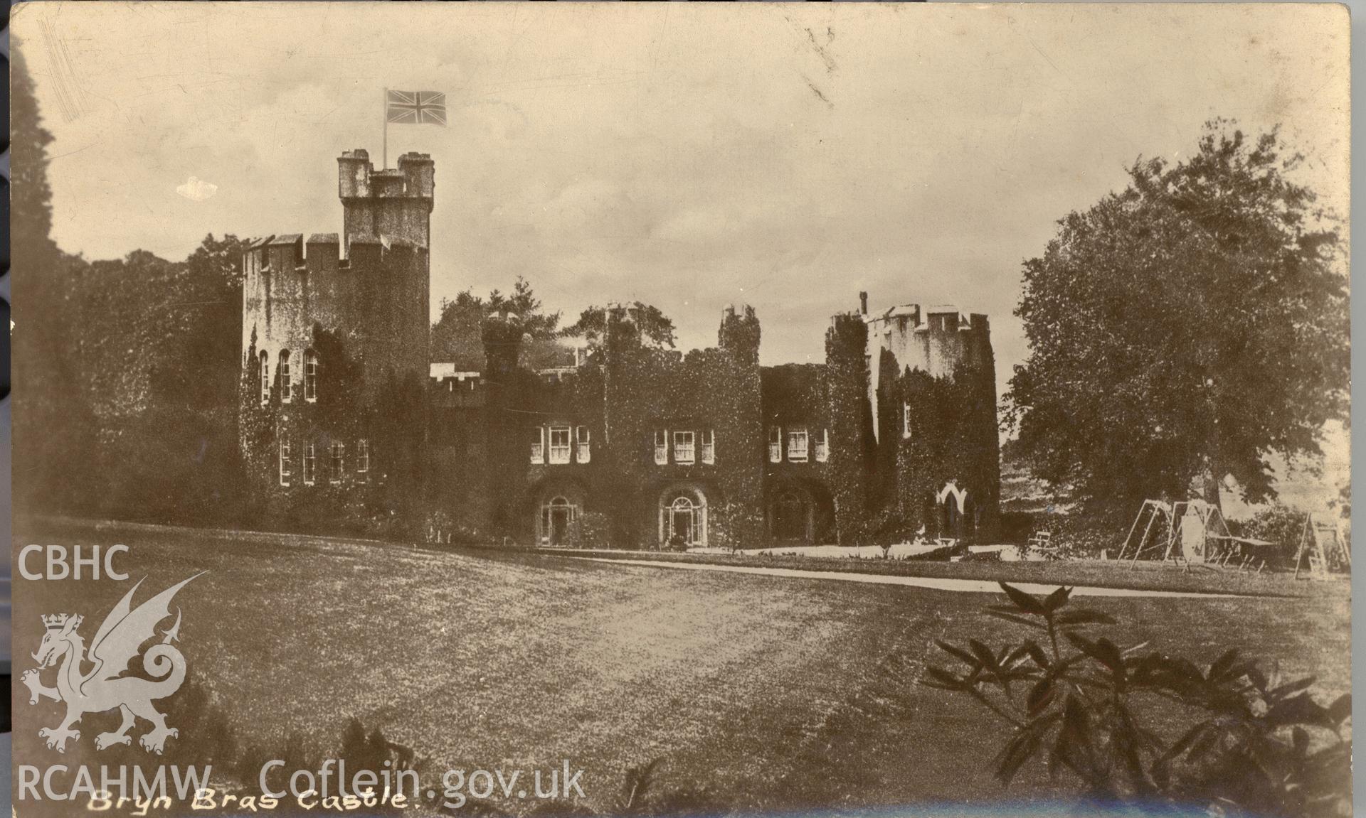 Digitised postcard image of Bryn Bras Castle, Llanrug. Produced by Parks and Gardens Data Services, from an original item in the Peter Davis Collection at Parks and Gardens UK. We hold only web-resolution images of this collection, suitable for viewing on screen and for research purposes only. We do not hold the original images, or publication quality scans.