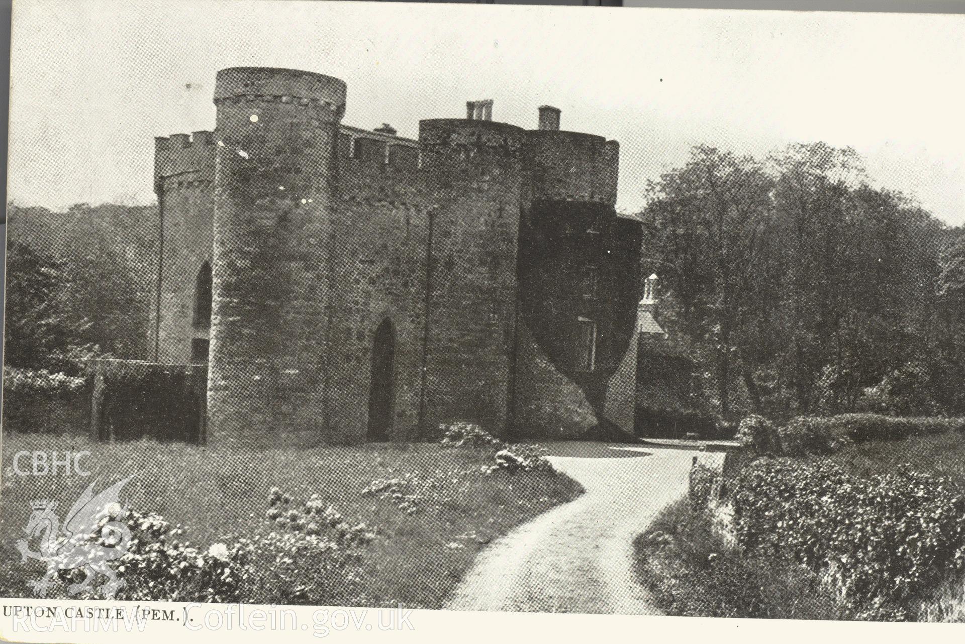 Digitised postcard image of Upton castle, Cosheston, The Dodson Series. Produced by Parks and Gardens Data Services, from an original item in the Peter Davis Collection at Parks and Gardens UK. We hold only web-resolution images of this collection, suitable for viewing on screen and for research purposes only. We do not hold the original images, or publication quality scans.