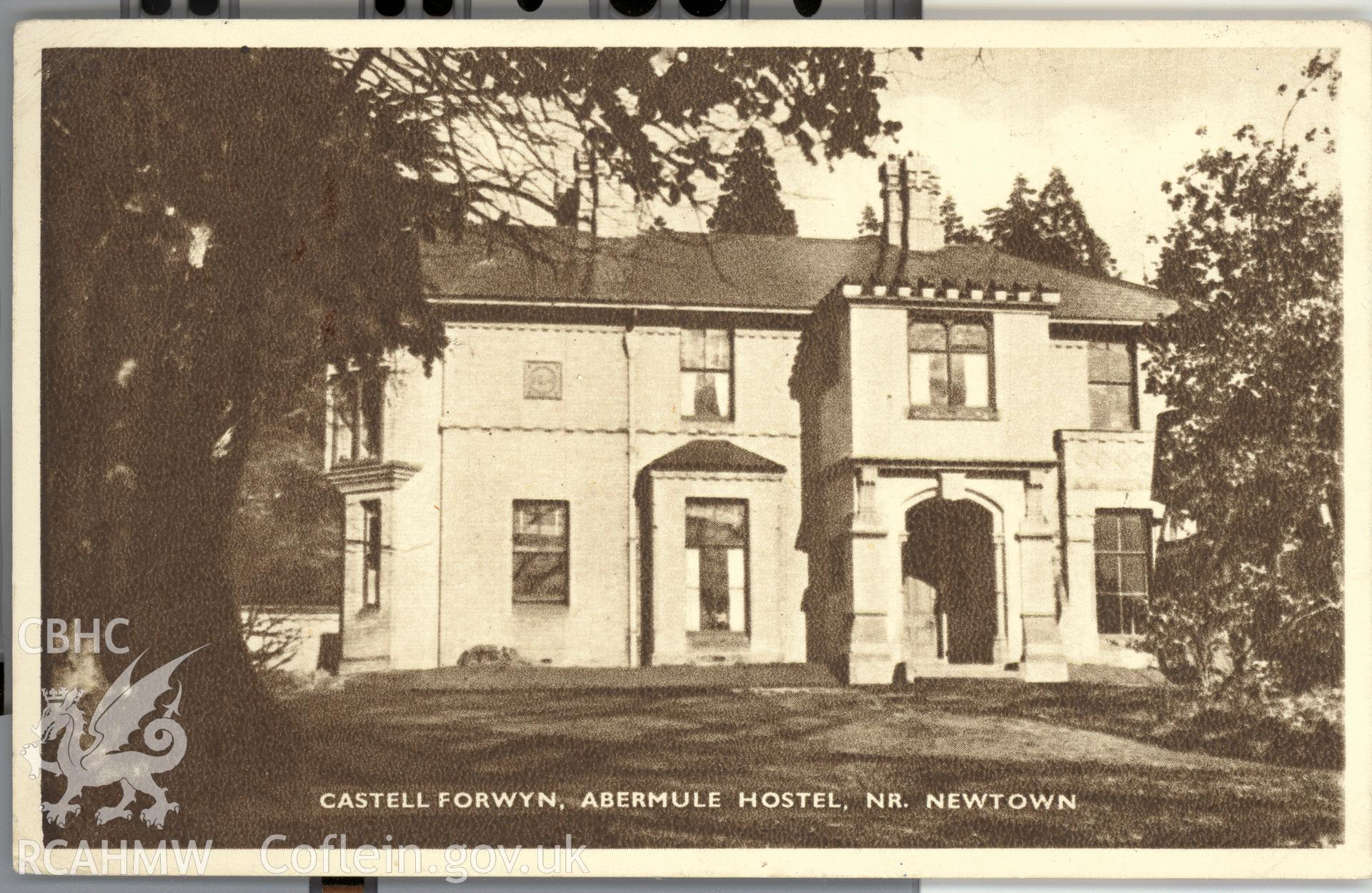 Digitised postcard image of Castell Forwyn, Llandyssil, Youth Hostels Association (Birmingham Reg. Group). Produced by Parks and Gardens Data Services, from an original item in the Peter Davis Collection at Parks and Gardens UK. We hold only web-resolution images of this collection, suitable for viewing on screen and for research purposes only. We do not hold the original images, or publication quality scans.