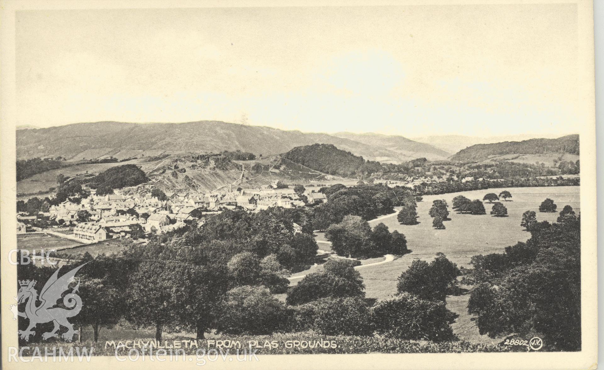 Digitised postcard image of Machynlleth town from high viewpoint above the Plas, Valentine and Sons Ltd. Produced by Parks and Gardens Data Services, from an original item in the Peter Davis Collection at Parks and Gardens UK. We hold only web-resolution images of this collection, suitable for viewing on screen and for research purposes only. We do not hold the original images, or publication quality scans.