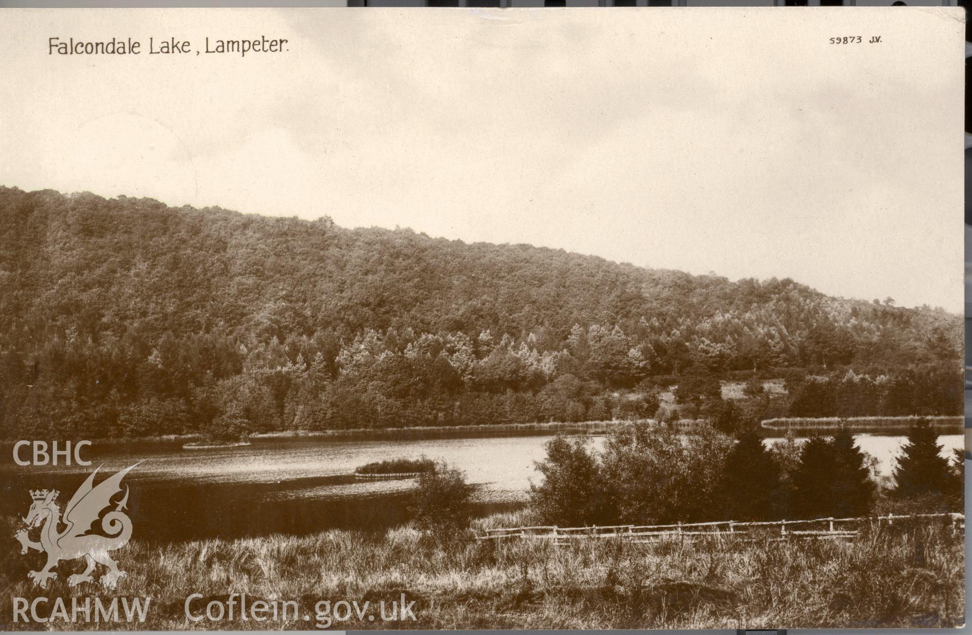 Digitised postcard image of lake, Falcondale grounds, Lampeter. Produced by Parks and Gardens Data Services, from an original item in the Peter Davis Collection at Parks and Gardens UK. We hold only web-resolution images of this collection, suitable for viewing on screen and for research purposes only. We do not hold the original images, or publication quality scans.