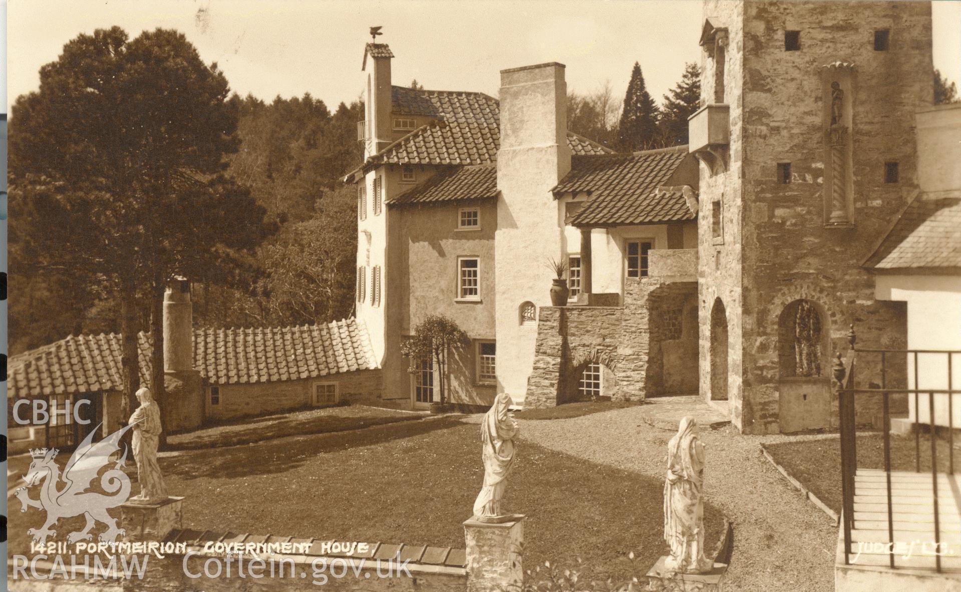 Digitised postcard image of Portmeirion village, Penrhyndeudraeth, including Government House, Judges Ltd. Produced by Parks and Gardens Data Services, from an original item in the Peter Davis Collection at Parks and Gardens UK. We hold only web-resolution images of this collection, suitable for viewing on screen and for research purposes only. We do not hold the original images, or publication quality scans.