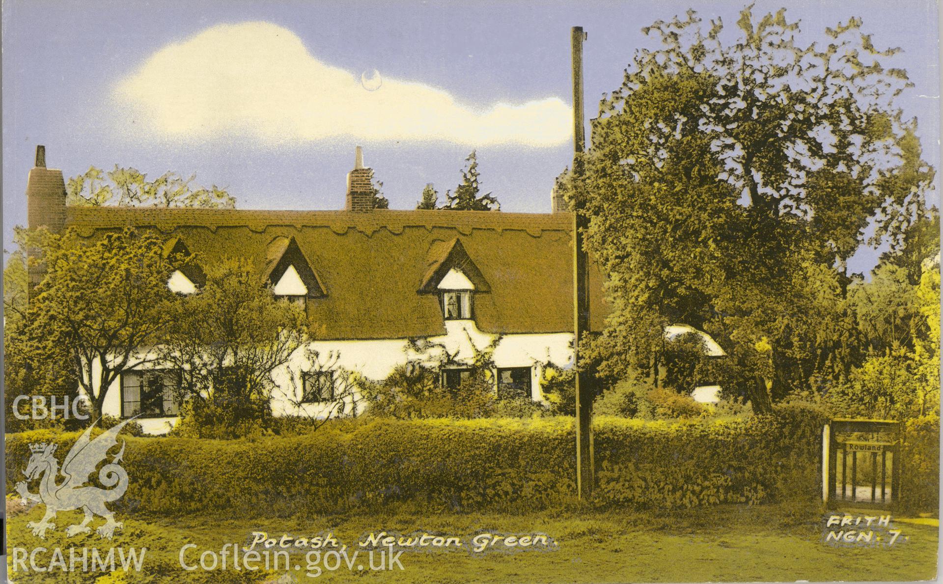 Digitised postcard image of thatched cottage called Potash or Rowland, Newton Green, F. Frith & Co., Ltd. Produced by Parks and Gardens Data Services, from an original item in the Peter Davis Collection at Parks and Gardens UK. We hold only web-resolution images of this collection, suitable for viewing on screen and for research purposes only. We do not hold the original images, or publication quality scans.