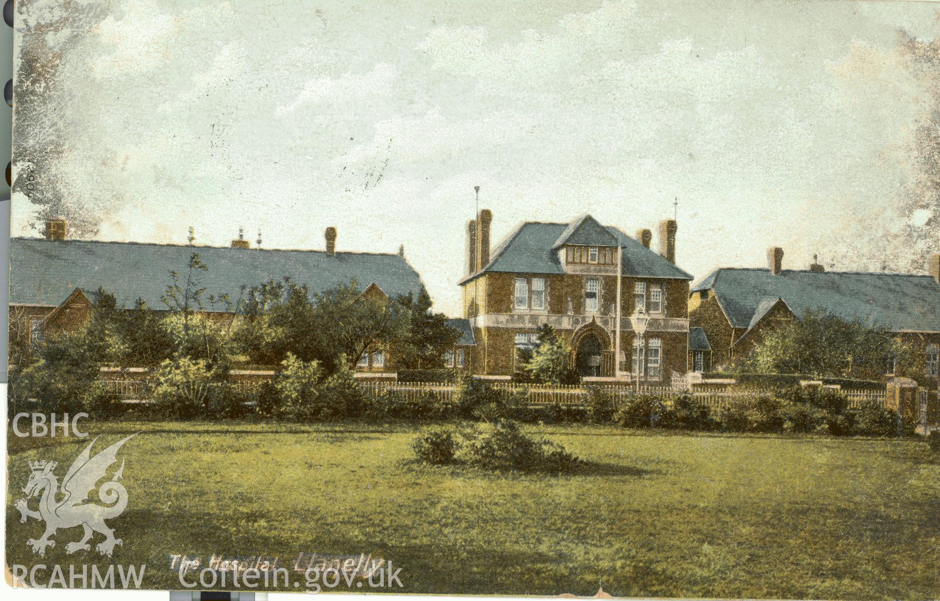 Digitised postcard image of Llanelli Hospital, The Wrench series. Produced by Parks and Gardens Data Services, from an original item in the Peter Davis Collection at Parks and Gardens UK. We hold only web-resolution images of this collection, suitable for viewing on screen and for research purposes only. We do not hold the original images, or publication quality scans.
