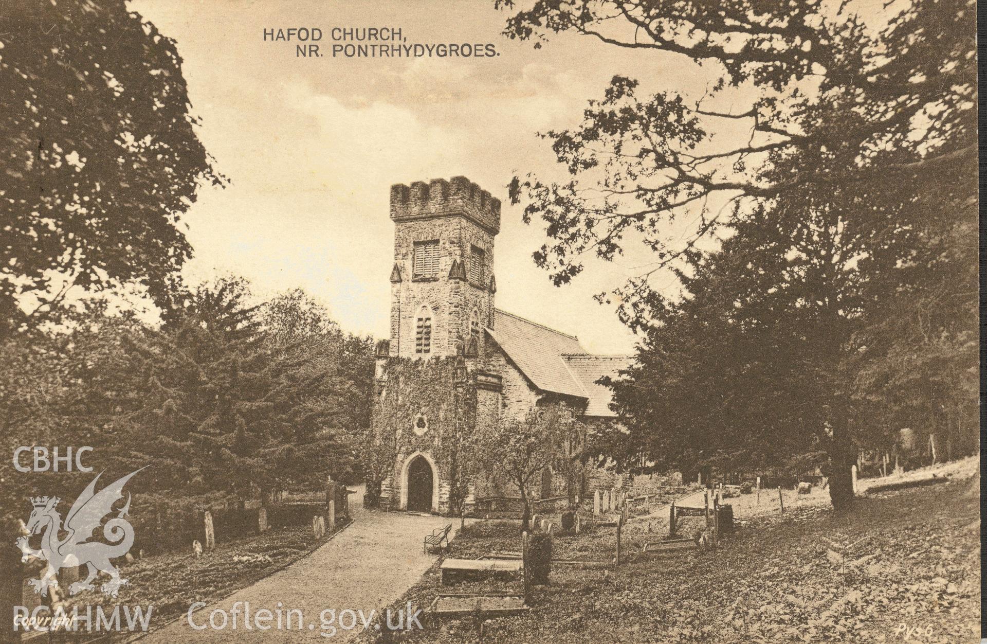 Digitised postcard image of Hafod Uchtryd Church, Pontarfynach. Produced by Parks and Gardens Data Services, from an original item in the Peter Davis Collection at Parks and Gardens UK. We hold only web-resolution images of this collection, suitable for viewing on screen and for research purposes only. We do not hold the original images, or publication quality scans.
