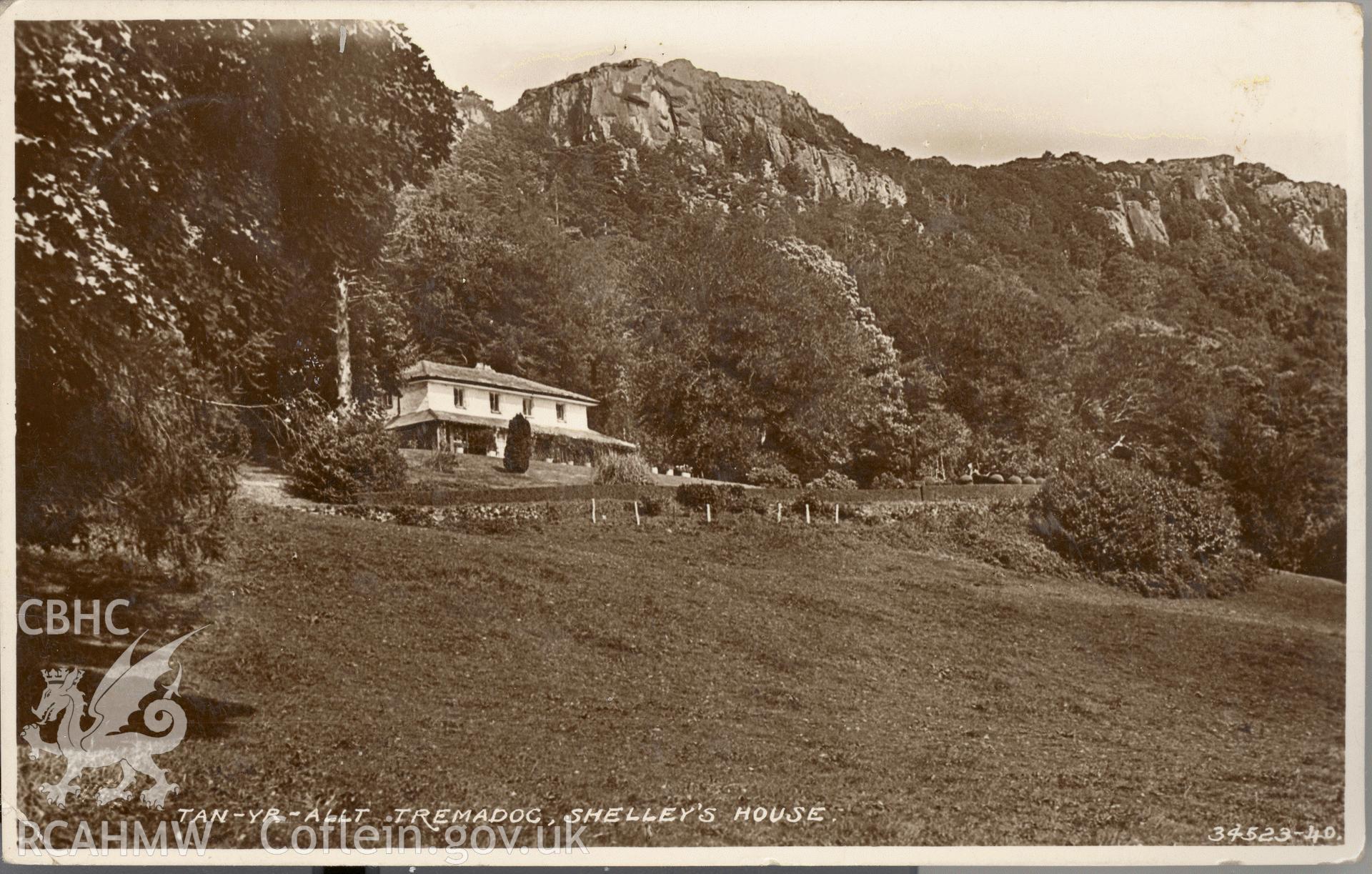 Digitised postcard image of Tan-yr-allt, Tremadog, W.H.S. & S. Ltd. Produced by Parks and Gardens Data Services, from an original item in the Peter Davis Collection at Parks and Gardens UK. We hold only web-resolution images of this collection, suitable for viewing on screen and for research purposes only. We do not hold the original images, or publication quality scans.