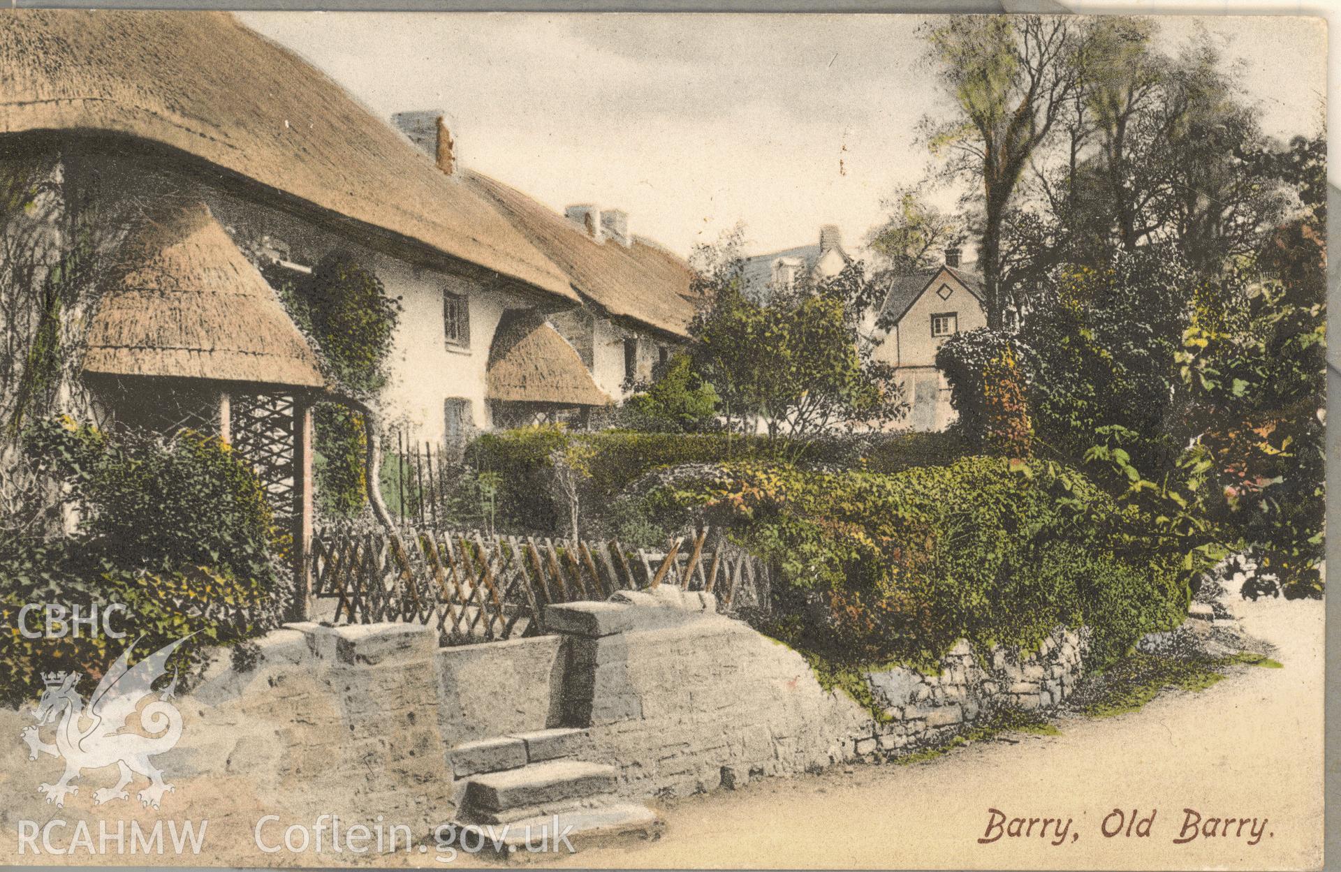 Digitised postcard image of thatched cottages in Barry, Valentine's Series. Produced by Parks and Gardens Data Services, from an original item in the Peter Davis Collection at Parks and Gardens UK. We hold only web-resolution images of this collection, suitable for viewing on screen and for research purposes only. We do not hold the original images, or publication quality scans.