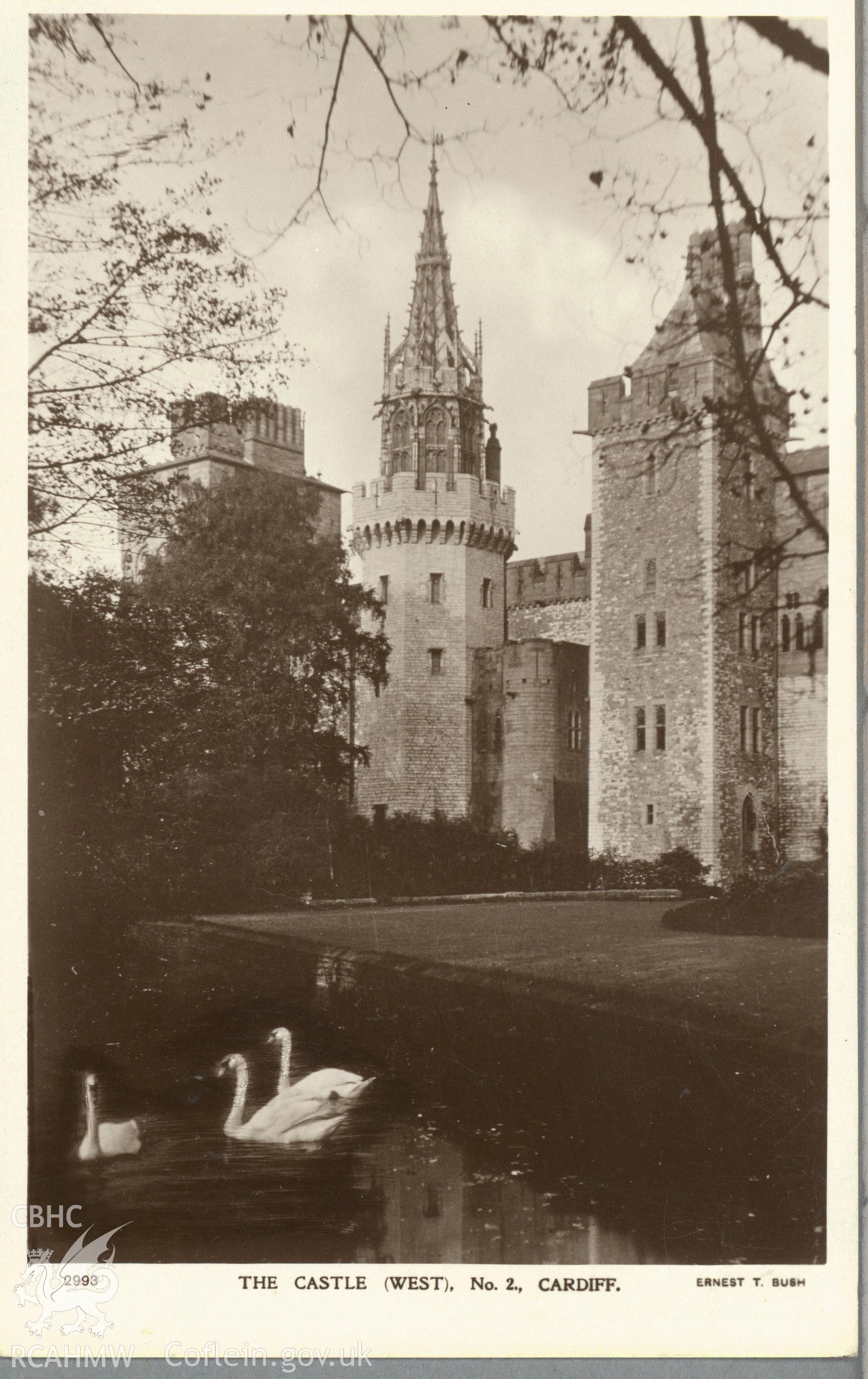 Digitised postcard image of Cardiff Castle from the west, The Royal Photographic Company, London. Produced by Parks and Gardens Data Services, from an original item in the Peter Davis Collection at Parks and Gardens UK. We hold only web-resolution images of this collection, suitable for viewing on screen and for research purposes only. We do not hold the original images, or publication quality scans.