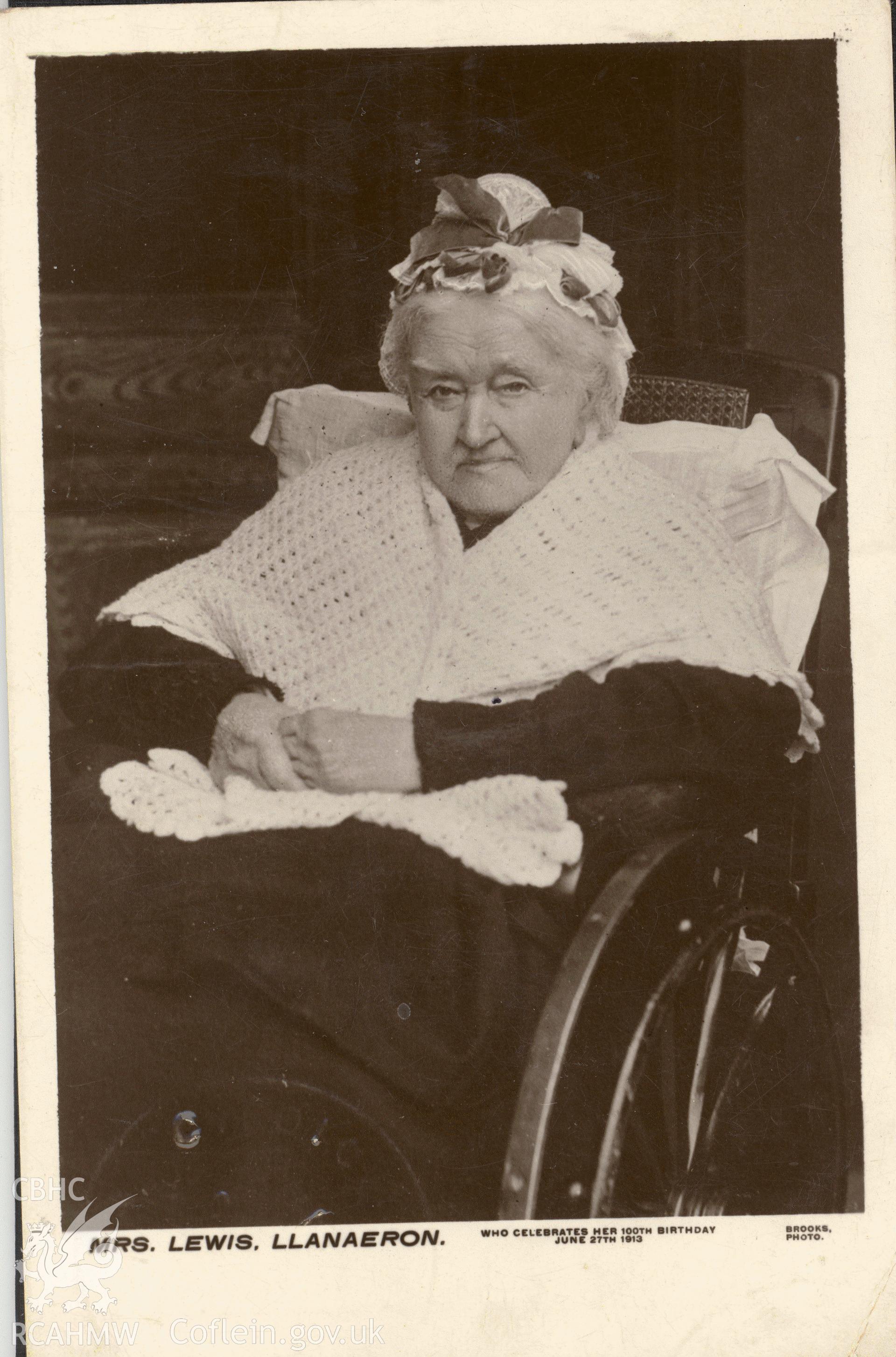 Digitised postcard image of photograph of Mrs Lewis, Llanerchaeron House, on her 100th birthday, Brooks Photo. Produced by Parks and Gardens Data Services, from an original item in the Peter Davis Collection at Parks and Gardens UK. We hold only web-resolution images of this collection, suitable for viewing on screen and for research purposes only. We do not hold the original images, or publication quality scans.