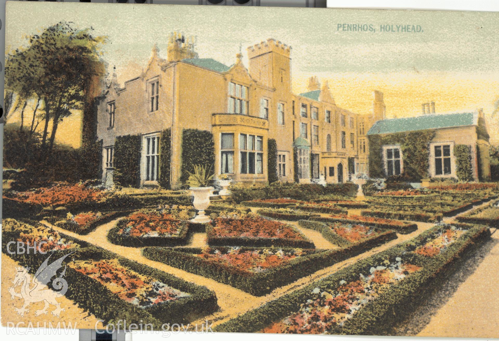 Digitised postcard image of Penrhos, Holyhead, W.O. Jones, Compton House, Holyhead. Produced by Parks and Gardens Data Services, from an original item in the Peter Davis Collection at Parks and Gardens UK. We hold only web-resolution images of this collection, suitable for viewing on screen and for research purposes only. We do not hold the original images, or publication quality scans.