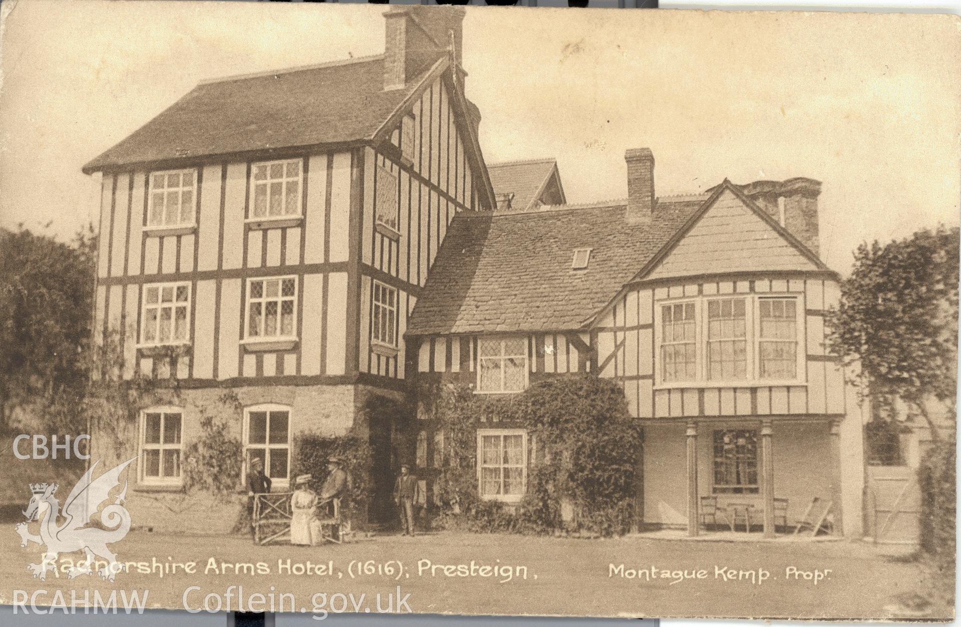 Digitised postcard image of Radnorshire Arms Hotel (1616) Presteigne. Montagu Kemp proprietor. Produced by Parks and Gardens Data Services, from an original item in the Peter Davis Collection at Parks and Gardens UK. We hold only web-resolution images of this collection, suitable for viewing on screen and for research purposes only. We do not hold the original images, or publication quality scans.