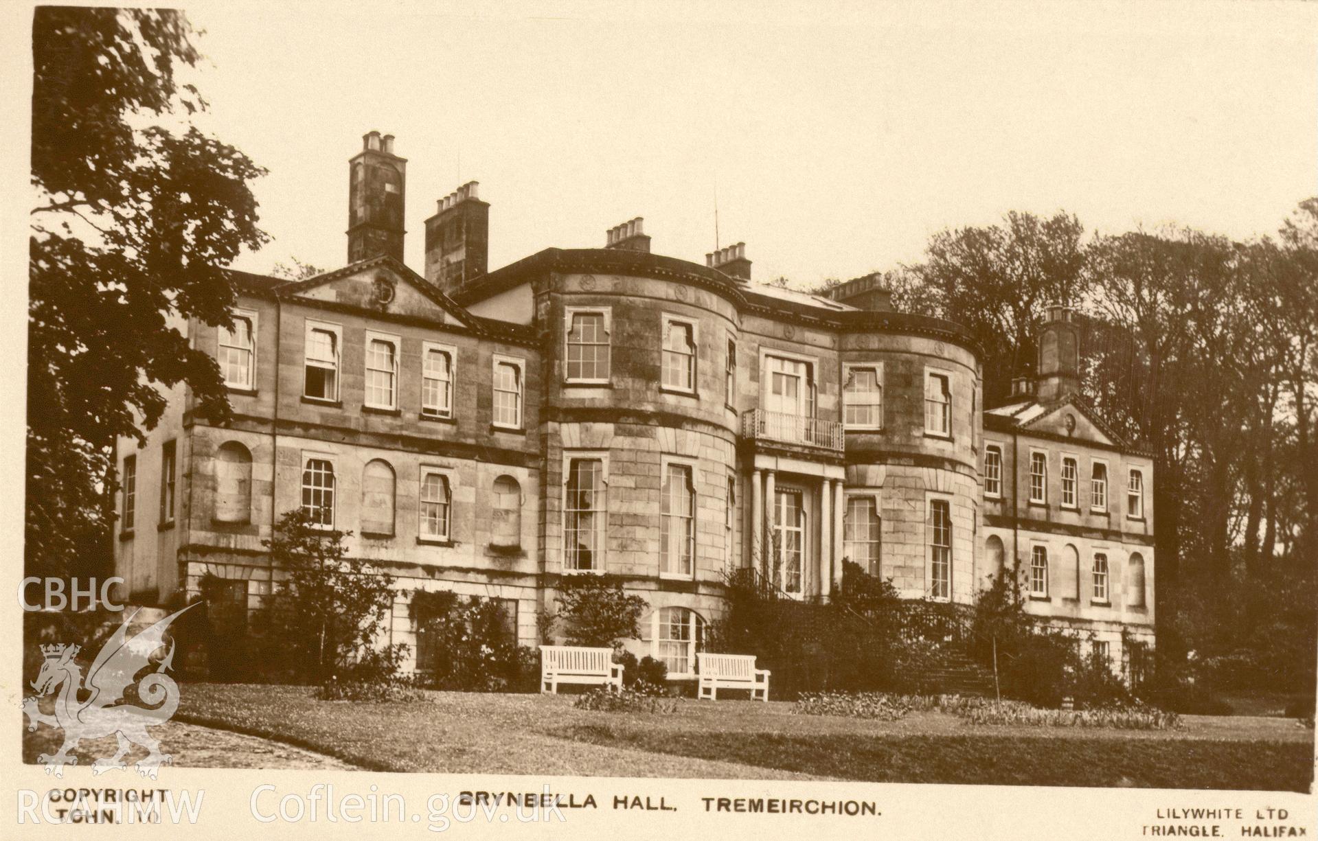 Digitised postcard image of west front, Brynbella, Lilywhite Ltd. Produced by Parks and Gardens Data Services, from an original item in the Peter Davis Collection at Parks and Gardens UK. We hold only web-resolution images of this collection, suitable for viewing on screen and for research purposes only. We do not hold the original images, or publication quality scans.
