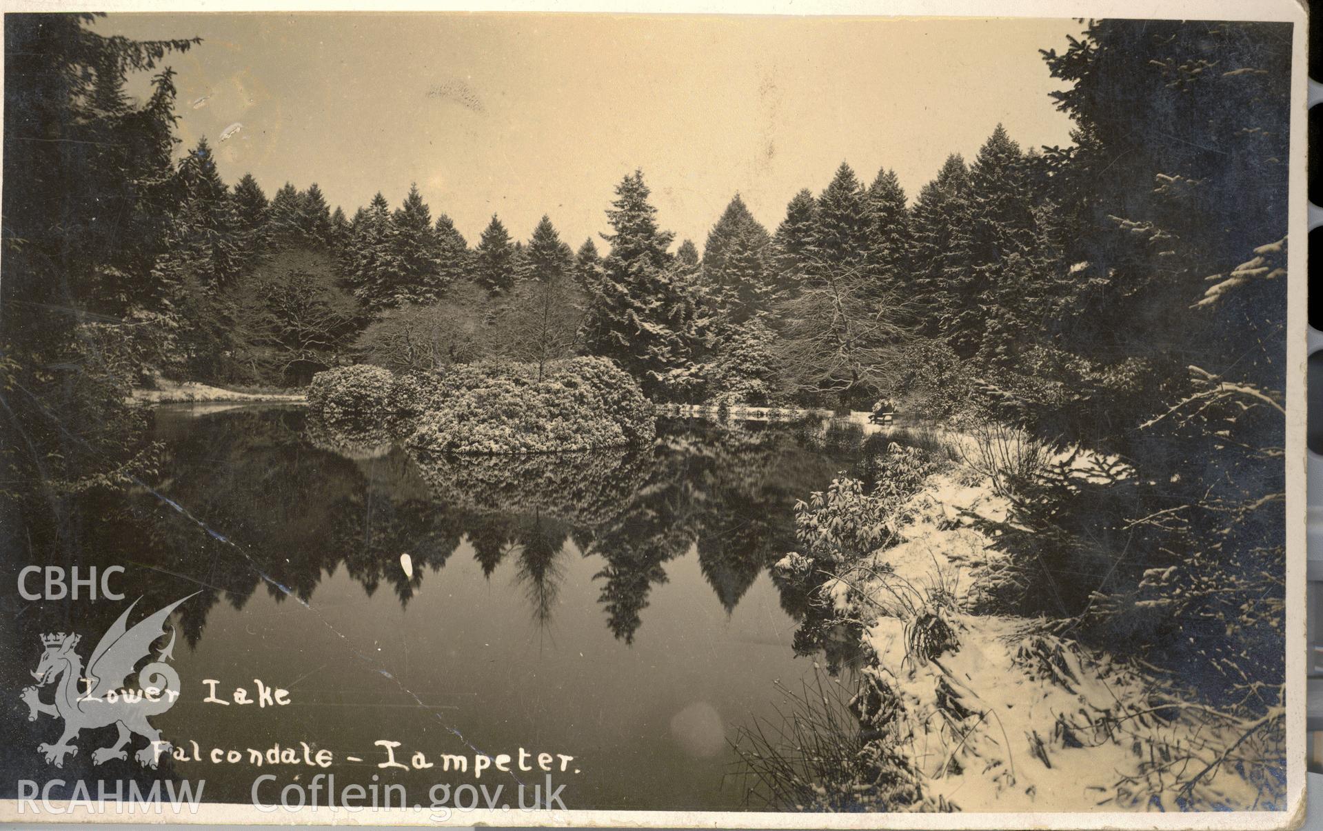Digitised postcard image of lake, Falcondale grounds, Lampeter, J. Lemuel Rees, The central studio, Lampeter. Produced by Parks and Gardens Data Services, from an original item in the Peter Davis Collection at Parks and Gardens UK. We hold only web-resolution images of this collection, suitable for viewing on screen and for research purposes only. We do not hold the original images, or publication quality scans.