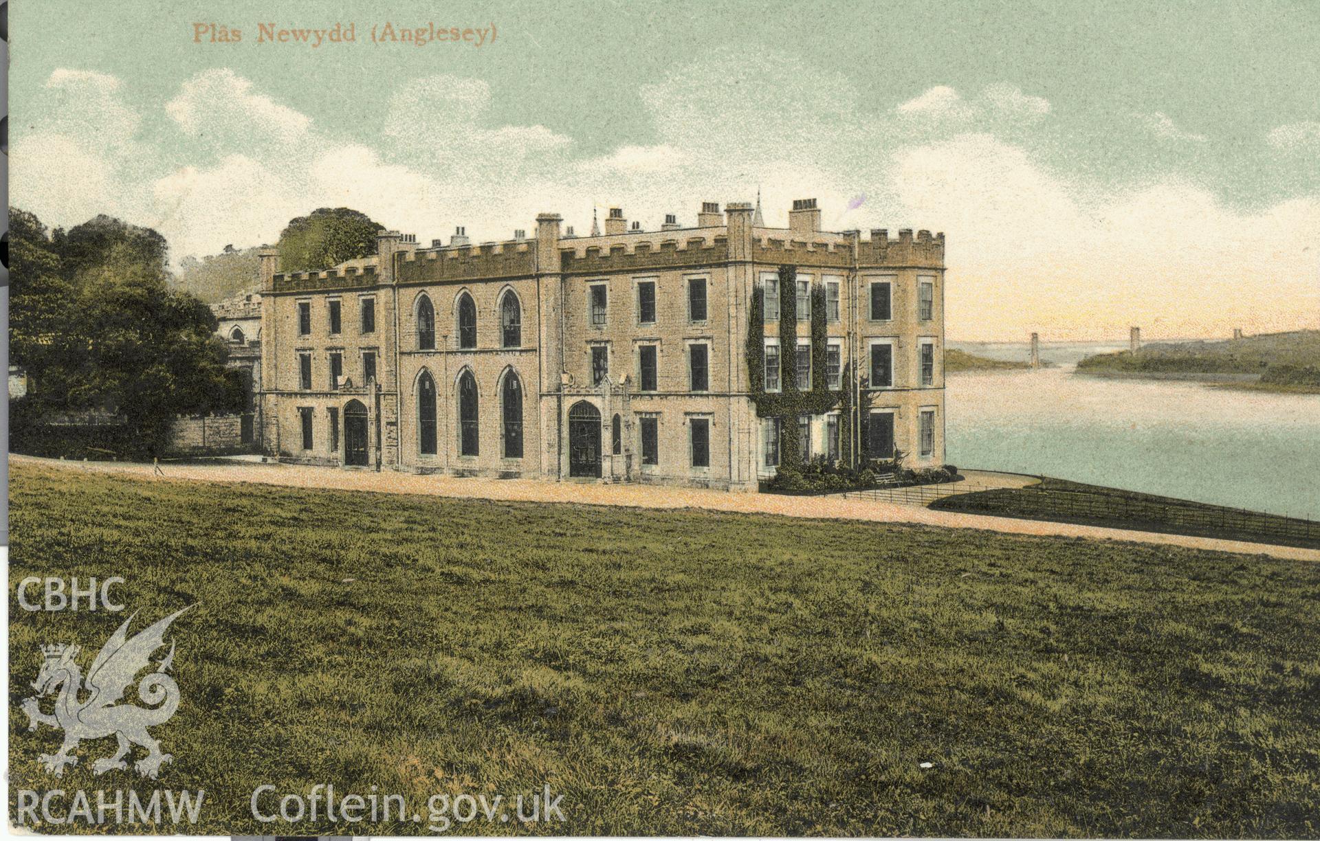 Digitised postcard image of Plas Newydd, Llanddaniel Fab, Pictorial Stationery Co Ltd, London. Produced by Parks and Gardens Data Services, from an original item in the Peter Davis Collection at Parks and Gardens UK. We hold only web-resolution images of this collection, suitable for viewing on screen and for research purposes only. We do not hold the original images, or publication quality scans.