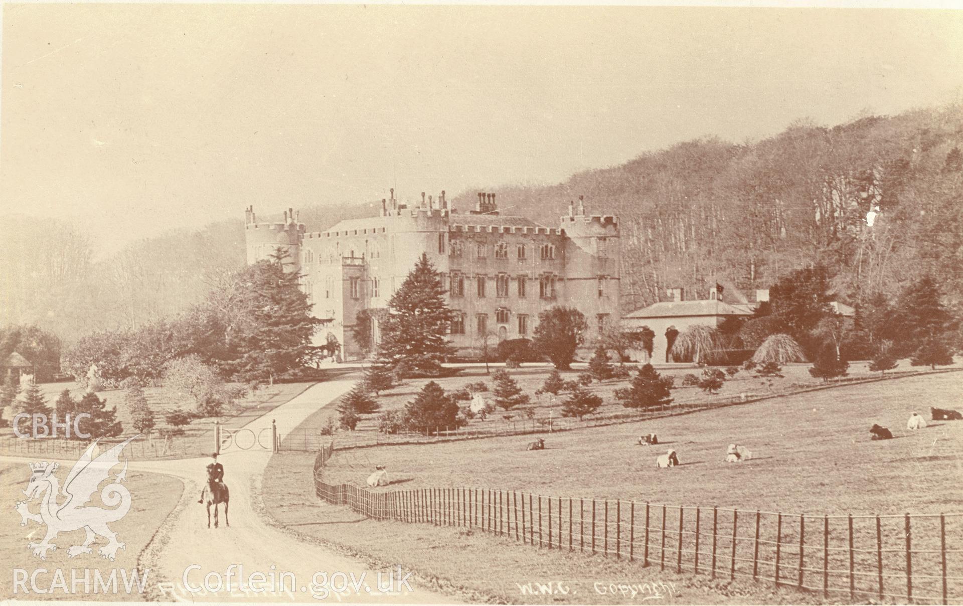Digitised postcard image of Ruperra Castle, Draethen, WWC Copyright. Produced by Parks and Gardens Data Services, from an original item in the Peter Davis Collection at Parks and Gardens UK. We hold only web-resolution images of this collection, suitable for viewing on screen and for research purposes only. We do not hold the original images, or publication quality scans.