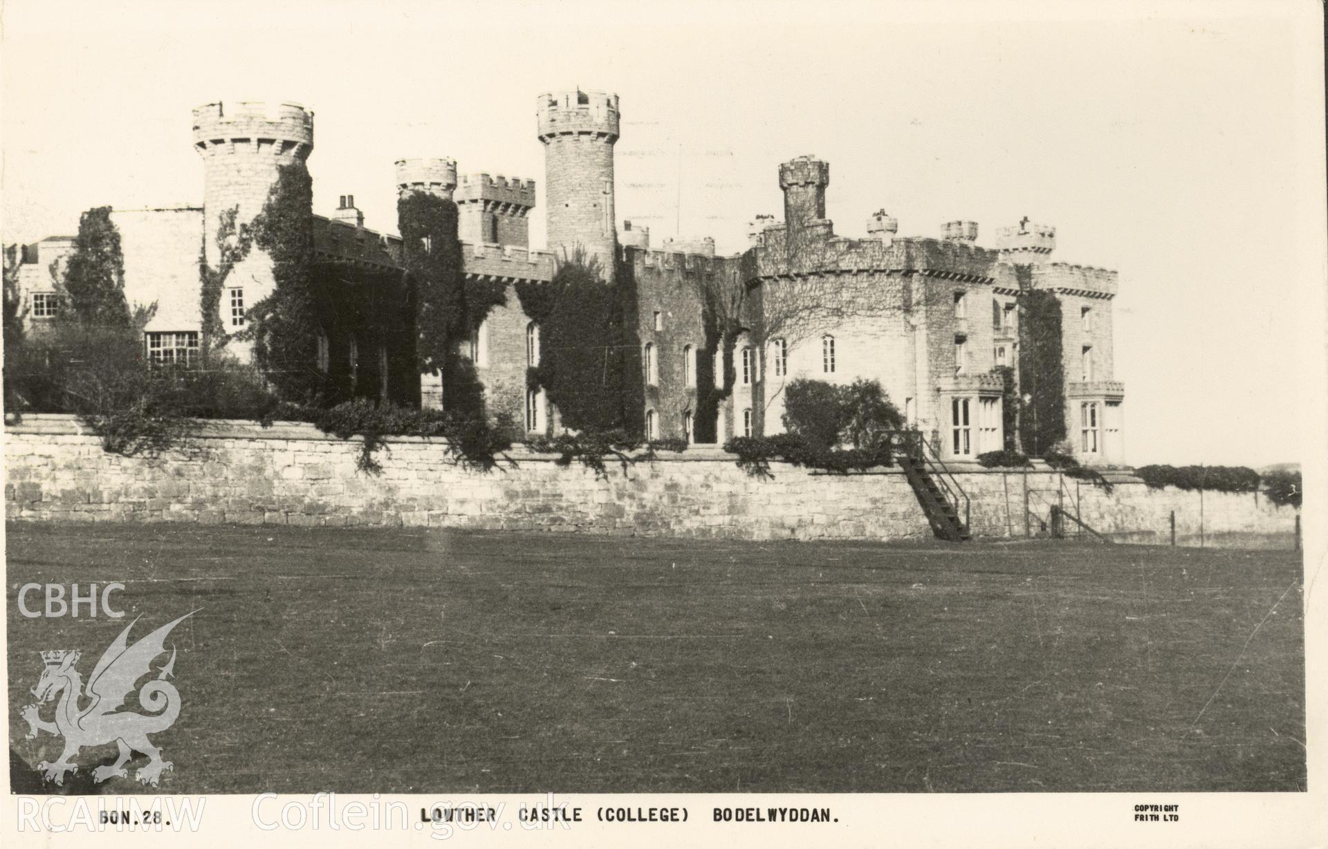 Digitised postcard image of Bodelwyddan Castle / Lowther College, Frith Series. Produced by Parks and Gardens Data Services, from an original item in the Peter Davis Collection at Parks and Gardens UK. We hold only web-resolution images of this collection, suitable for viewing on screen and for research purposes only. We do not hold the original images, or publication quality scans.
