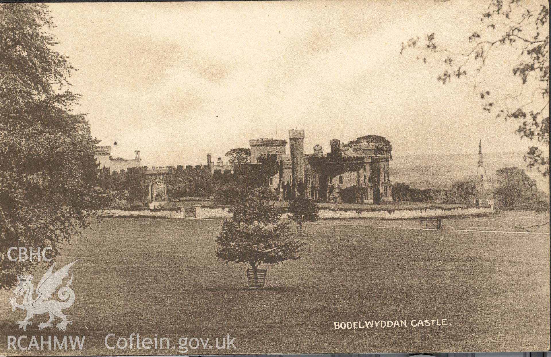 Digitised postcard image of Bodelwyddan Castle / Lowther College, Rae Pickard, Rhyl. Produced by Parks and Gardens Data Services, from an original item in the Peter Davis Collection at Parks and Gardens UK. We hold only web-resolution images of this collection, suitable for viewing on screen and for research purposes only. We do not hold the original images, or publication quality scans.