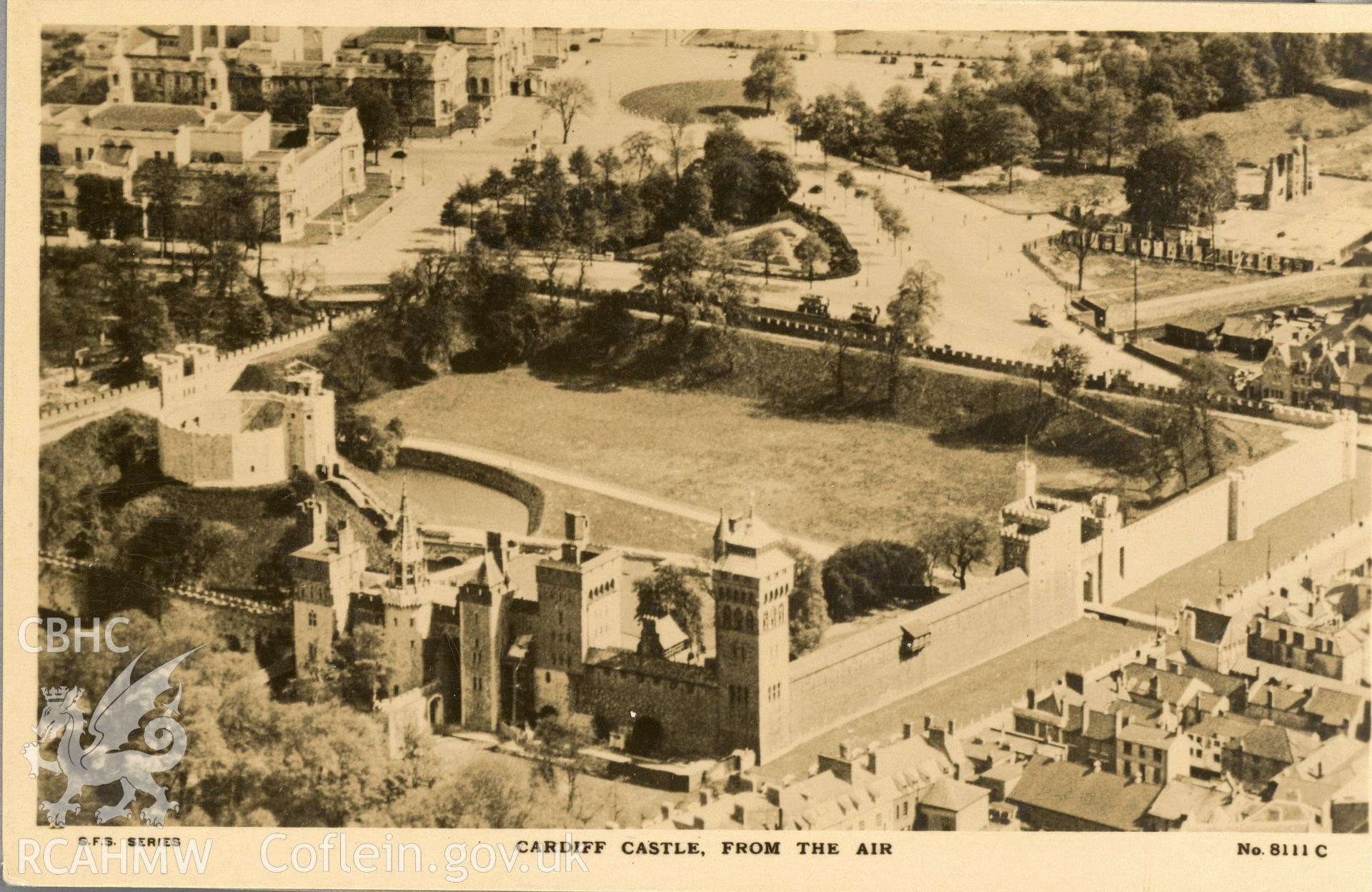 Digitised postcard image of areial oblique view of Cardiff castle, Surrey Flying Services Croydon No 8111C. Produced by Parks and Gardens Data Services, from an original item in the Peter Davis Collection at Parks and Gardens UK. We hold only web-resolution images of this collection, suitable for viewing on screen and for research purposes only. We do not hold the original images, or publication quality scans.