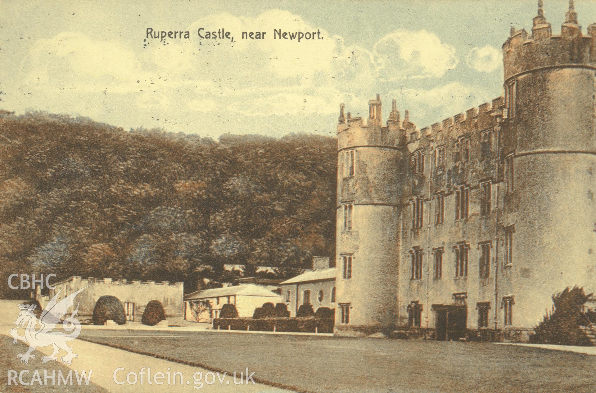 Digitised postcard image of Ruperra Castle, Draethen, W. Jones, 159 Commercial St., Newport. Produced by Parks and Gardens Data Services, from an original item in the Peter Davis Collection at Parks and Gardens UK. We hold only web-resolution images of this collection, suitable for viewing on screen and for research purposes only. We do not hold the original images, or publication quality scans.