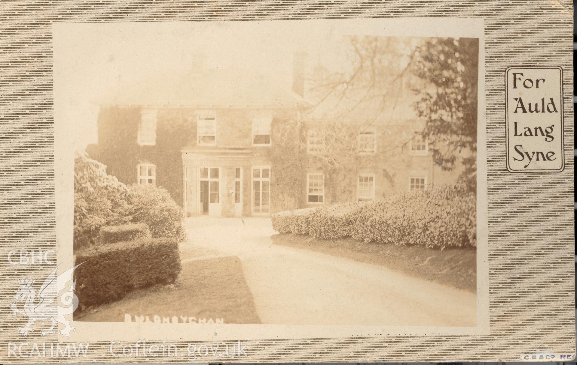 Digitised postcard image of Bwlchbychan House, C.E. & Co. Produced by Parks and Gardens Data Services, from an original item in the Peter Davis Collection at Parks and Gardens UK. We hold only web-resolution images of this collection, suitable for viewing on screen and for research purposes only. We do not hold the original images, or publication quality scans.