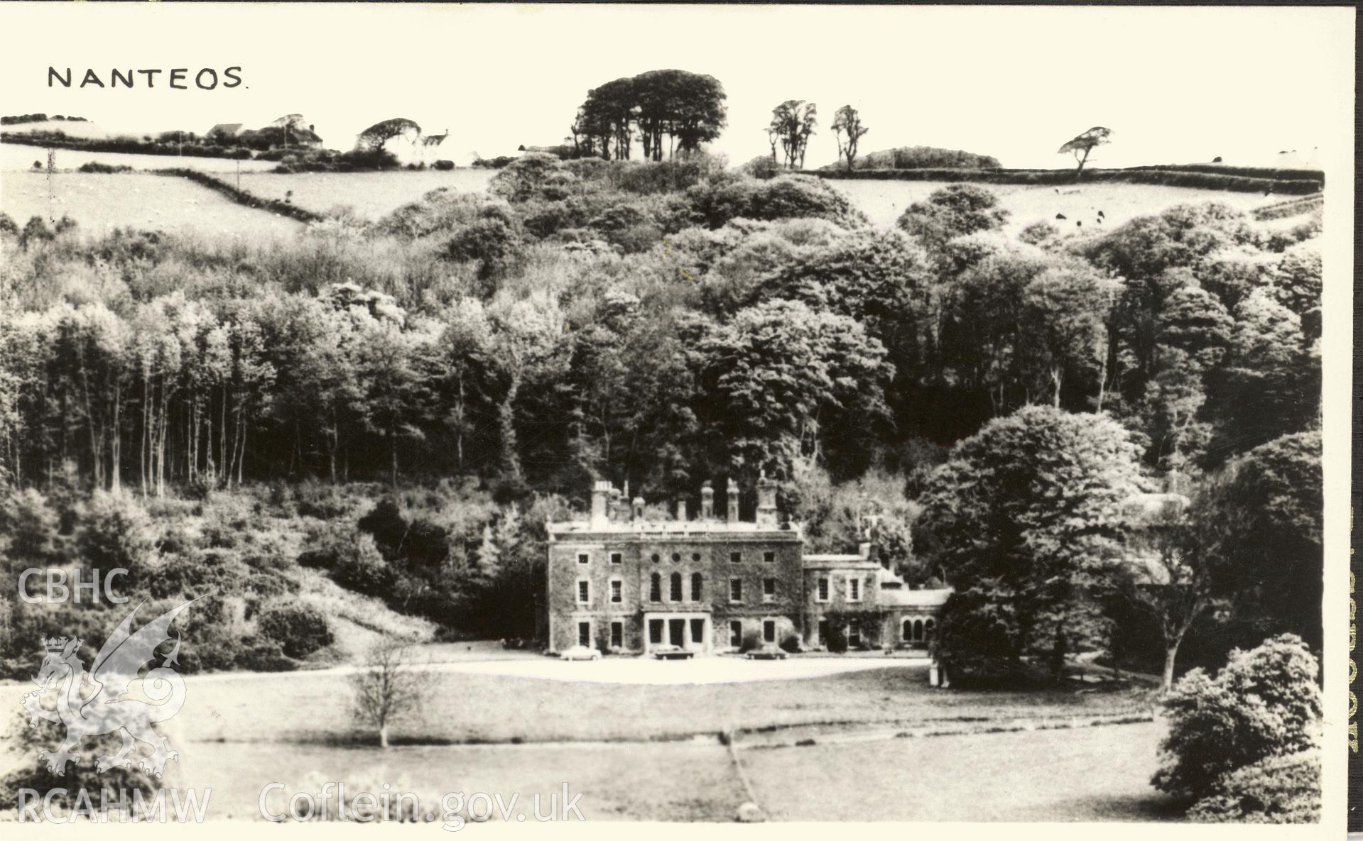 Digitised postcard image of Nanteos Mansion, Llanfarian. Produced by Parks and Gardens Data Services, from an original item in the Peter Davis Collection at Parks and Gardens UK. We hold only web-resolution images of this collection, suitable for viewing on screen and for research purposes only. We do not hold the original images, or publication quality scans.