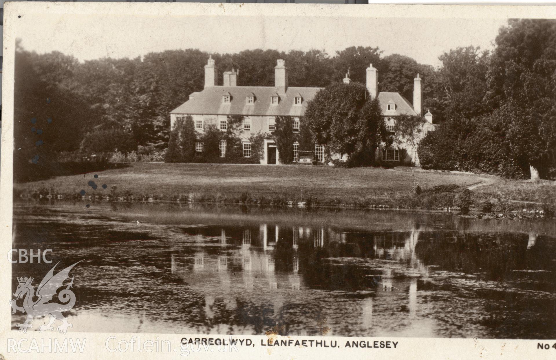 Digitised postcard image of Carreglwyd, Llanfaethlu. Produced by Parks and Gardens Data Services, from an original item in the Peter Davis Collection at Parks and Gardens UK. We hold only web-resolution images of this collection, suitable for viewing on screen and for research purposes only. We do not hold the original images, or publication quality scans.