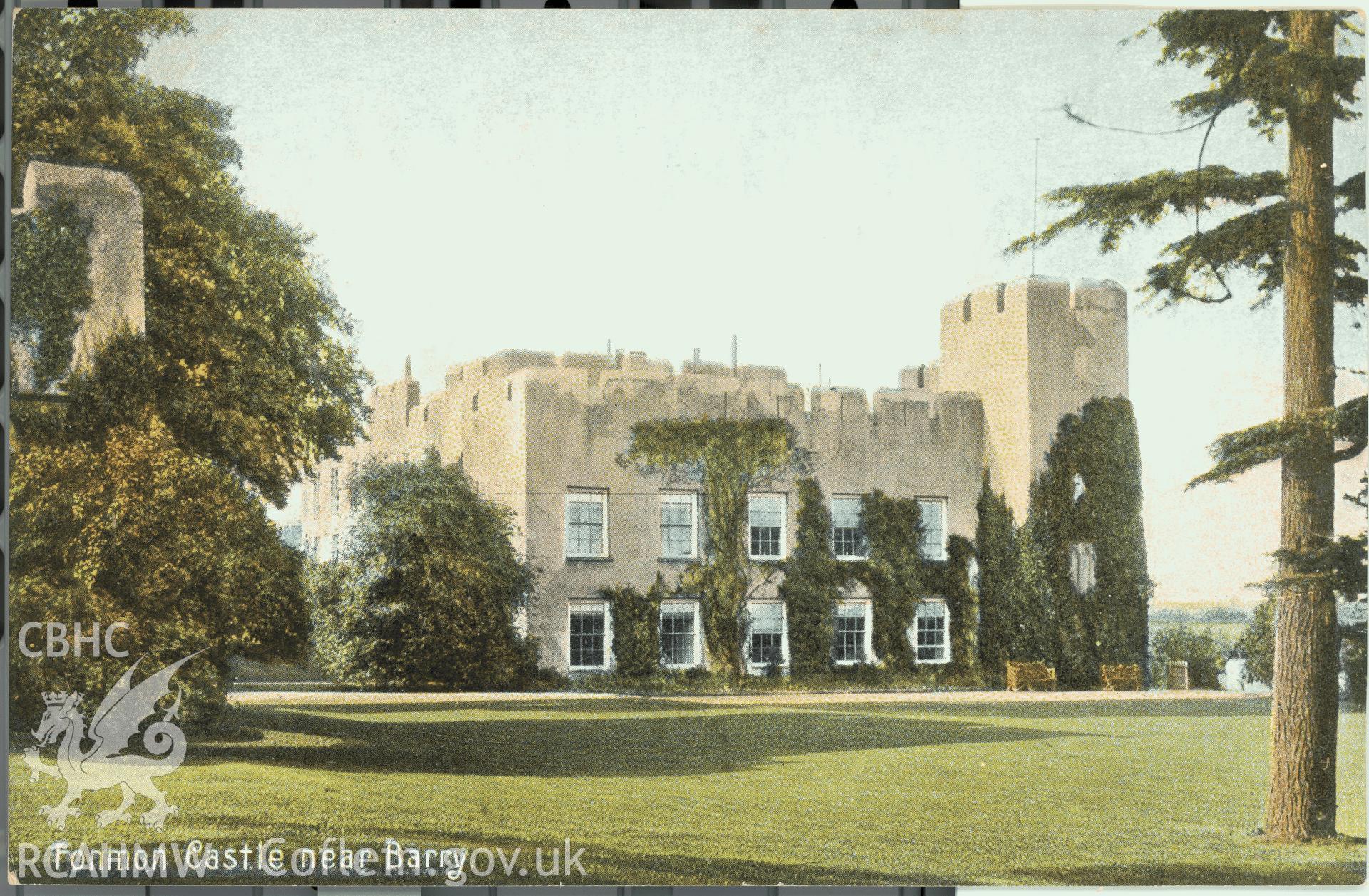 Digitised postcard image of Fonmon Castle, Rhoose, Pictorial Postcard Pioneers "Kromo Series". Produced by Parks and Gardens Data Services, from an original item in the Peter Davis Collection at Parks and Gardens UK. We hold only web-resolution images of this collection, suitable for viewing on screen and for research purposes only. We do not hold the original images, or publication quality scans.