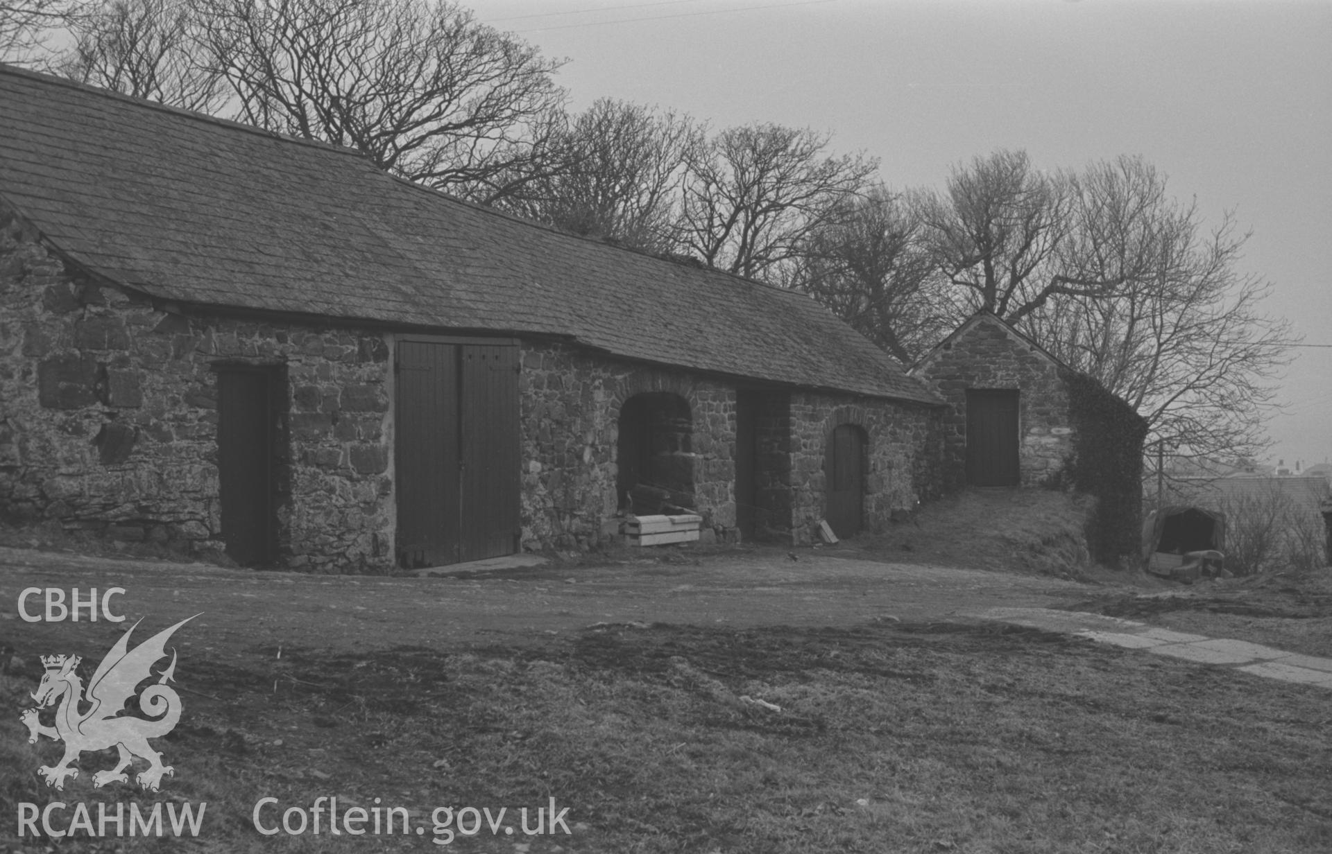 Black and White photograph showing farm buildings just south of Holy Trinity Church, Aberaeron. Photographed by Arthur Chater, February 1963. Taken from SN 4572 6263, looking north.