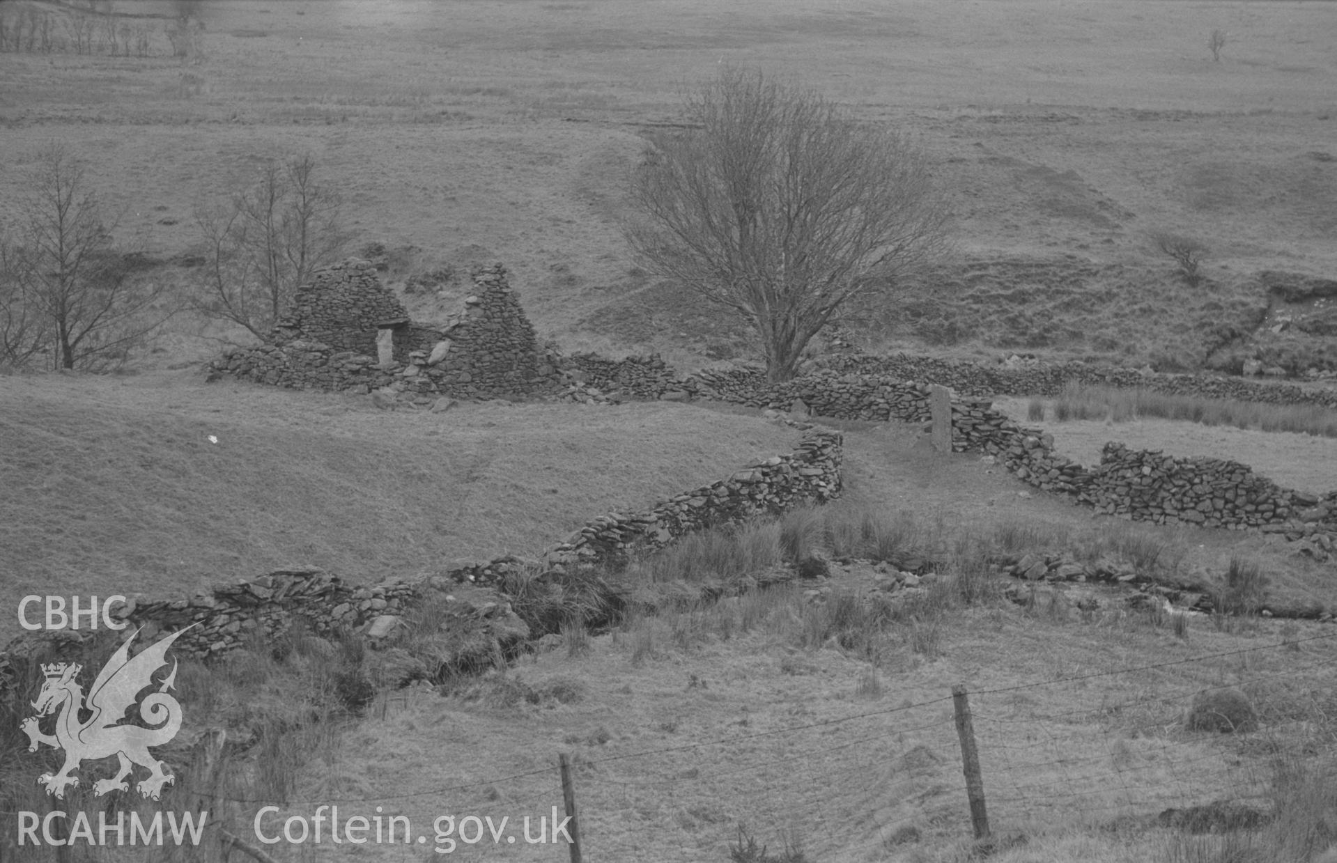 Black and White photograph showing ruined house by the confluence of Groes Fawr and Groes Fechan, 900ft. Photographed by Arthur Chater in April 1962 from Grid Reference SN 720 604, looking south west.