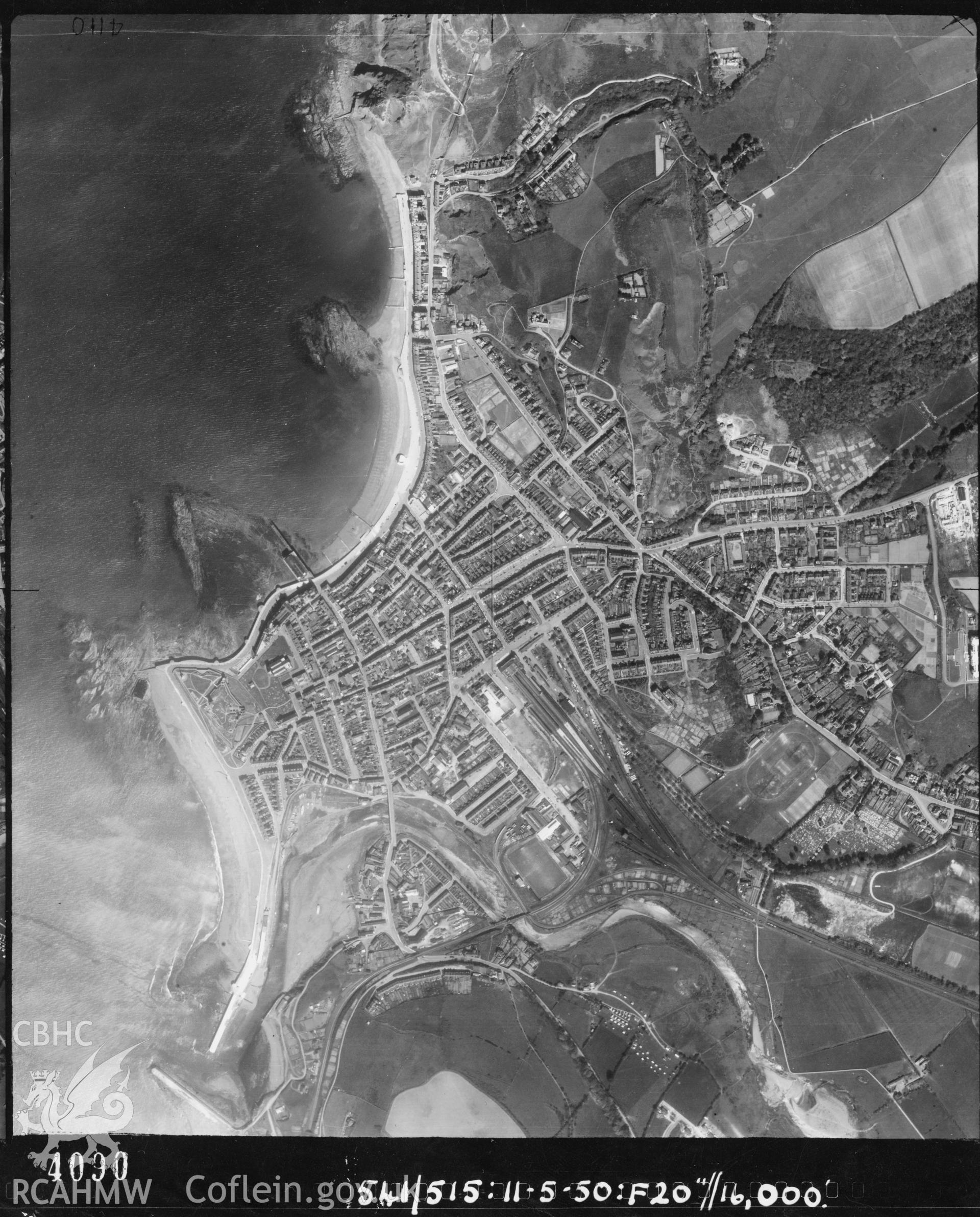 Black and white vertical aerial photograph taken by the RAF on 11/05/1951 centred on SN58518179 at a scale of 1:10000. The photograph includes part of Aberystwyth community in Ceredigion.