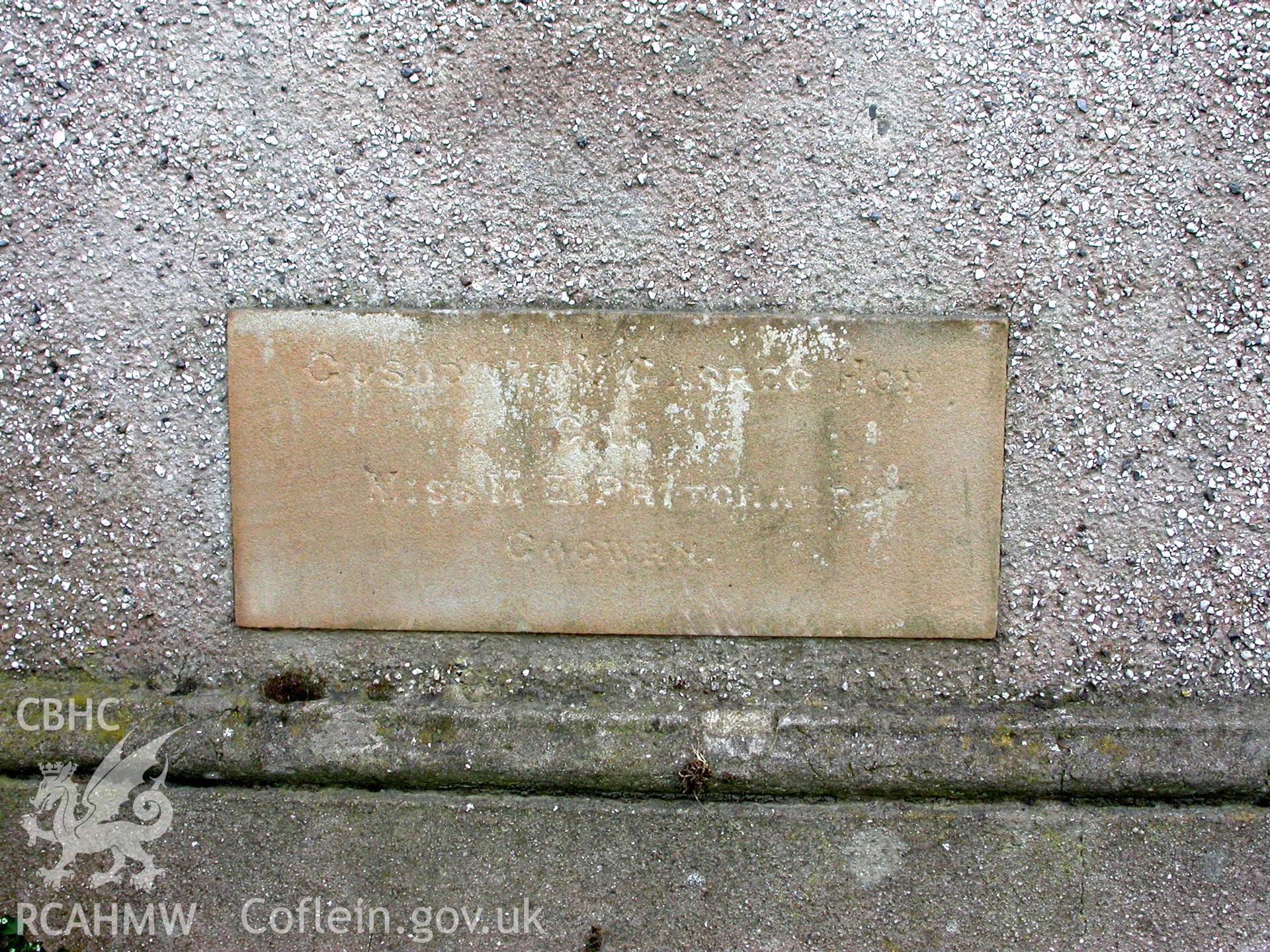 Foundation stone laid by Miss ME Pritchard Cogwrn, r.h. front elevation
