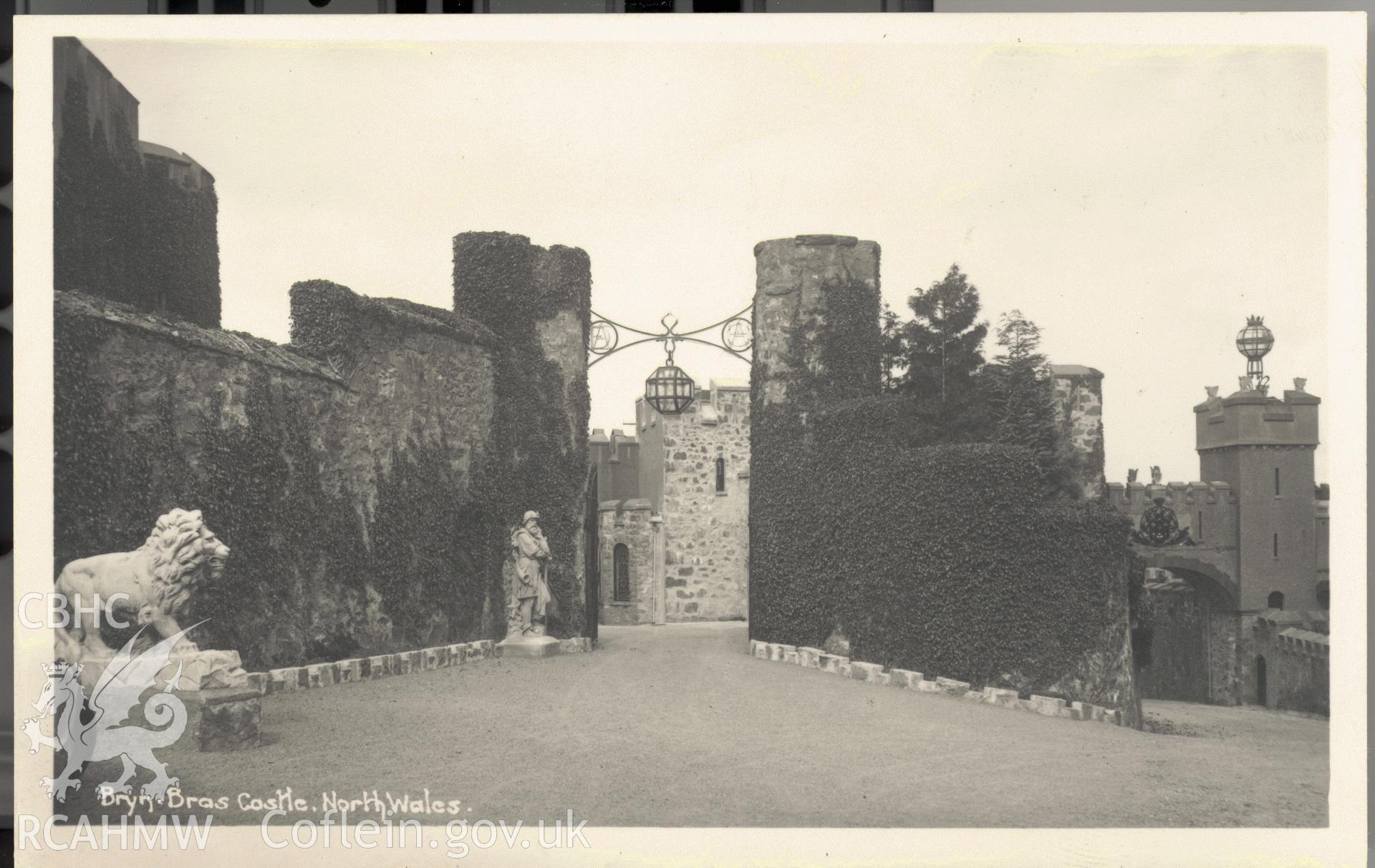 Digitised postcard image of Bryn Bras Castle, Llanrug, , showing statuary. Produced by Parks and Gardens Data Services, from an original item in the Peter Davis Collection at Parks and Gardens UK. We hold only web-resolution images of this collection, suitable for viewing on screen and for research purposes only. We do not hold the original images, or publication quality scans.