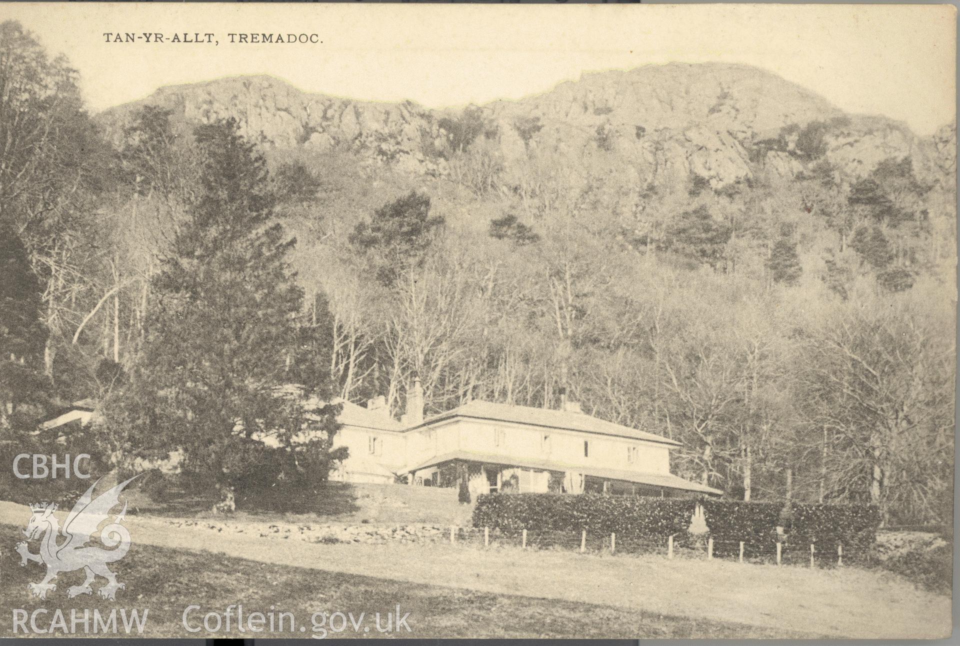 Digitised postcard image of Tan-yr-allt, Tremadog, the Wykeham Collection. Produced by Parks and Gardens Data Services, from an original item in the Peter Davis Collection at Parks and Gardens UK. We hold only web-resolution images of this collection, suitable for viewing on screen and for research purposes only. We do not hold the original images, or publication quality scans.