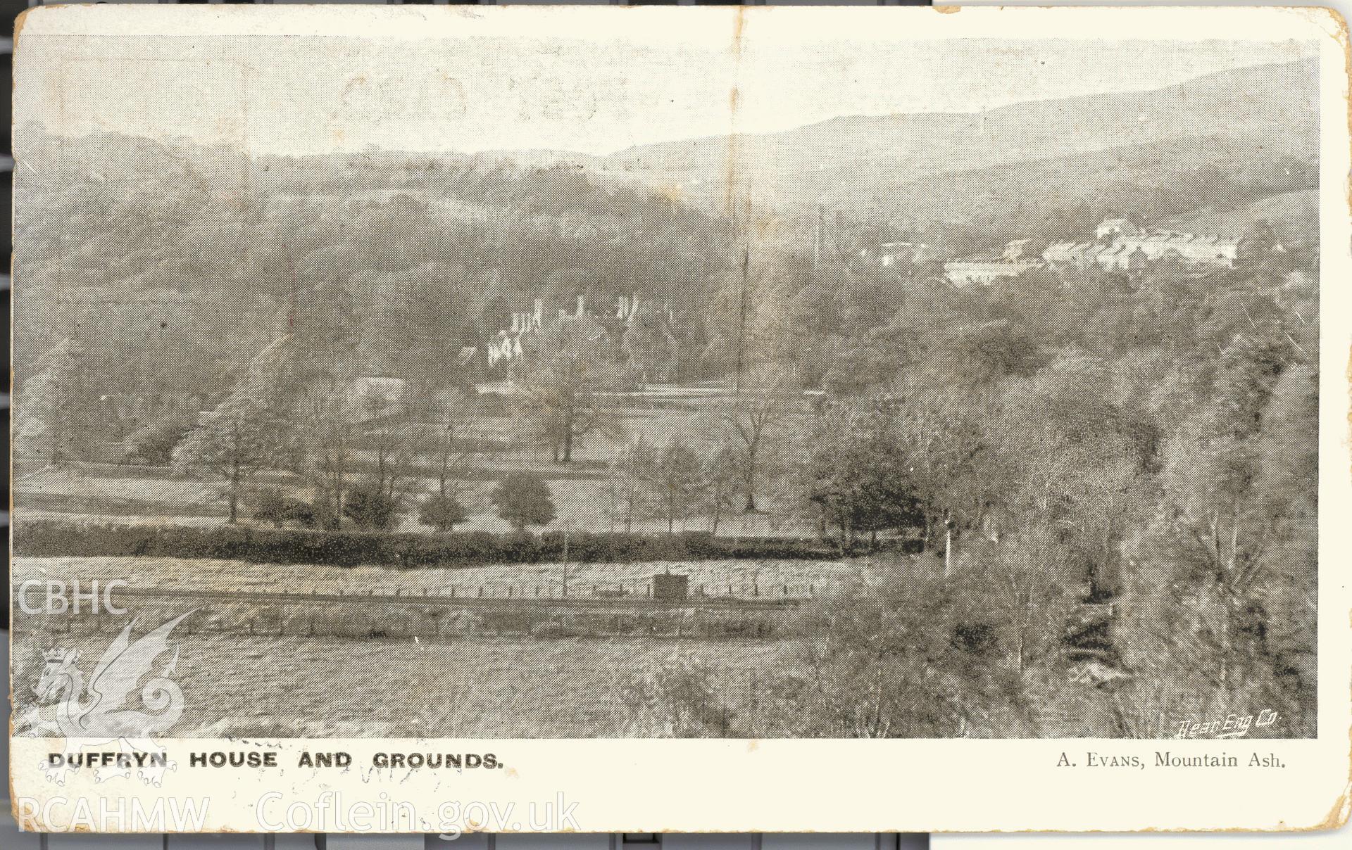 Digitised postcard image of Dyffryn House, Mountain Ash, showing house and surrounds,  A Evans Mountain Ash. Produced by Parks and Gardens Data Services, from an original item in the Peter Davis Collection at Parks and Gardens UK. We hold only web-resolution images of this collection, suitable for viewing on screen and for research purposes only. We do not hold the original images, or publication quality scans.