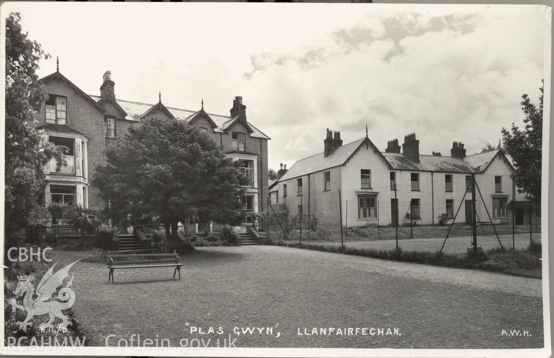 Digitised postcard image of Plas Gwyn, Llanfairfechan, A.W.H. Produced by Parks and Gardens Data Services, from an original item in the Peter Davis Collection at Parks and Gardens UK. We hold only web-resolution images of this collection, suitable for viewing on screen and for research purposes only. We do not hold the original images, or publication quality scans.